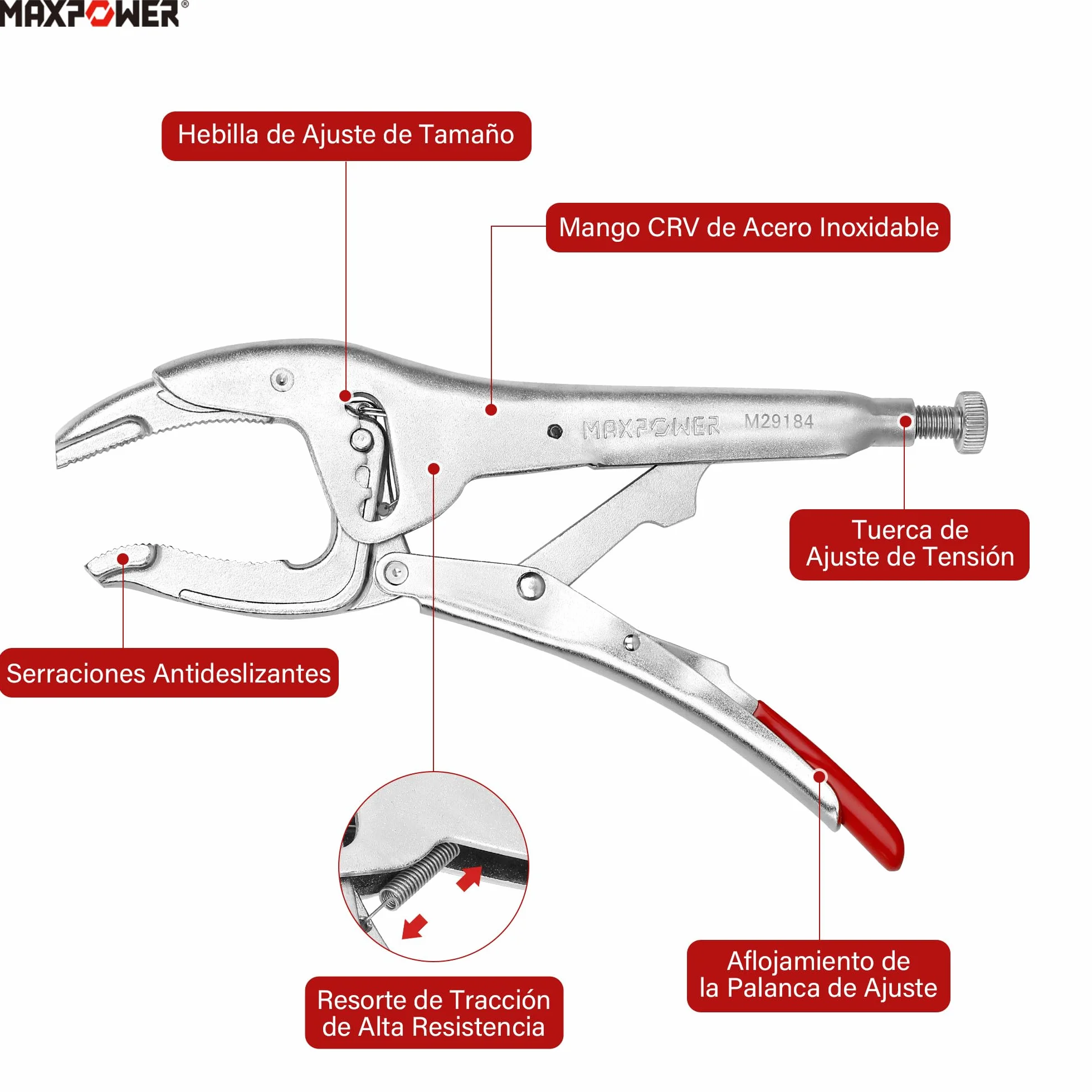 Alicate de Bloqueo, MAXPOWER Tenaza Grip Cr-V 10”/260mm con Cuatro Ajustes de Engranajes 50-100mm Mordaza Grip Locking Plier