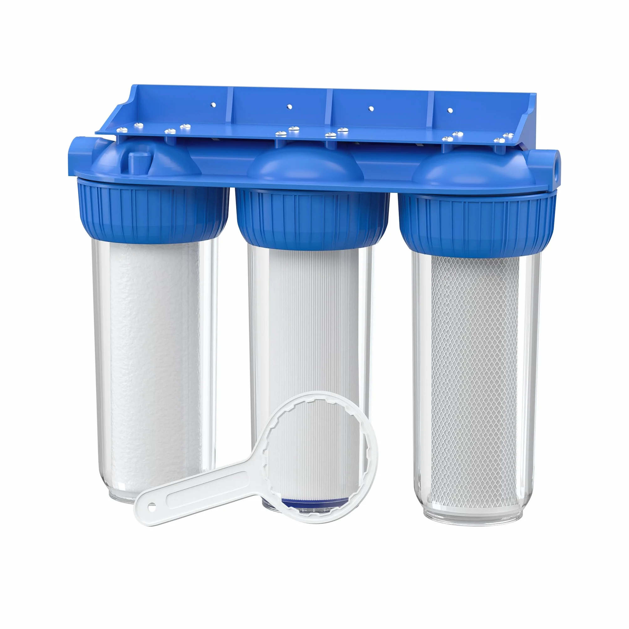 Naturewater NW-BR10B4 Filtro de agua 3-etapas 26.16mm (3/4") cartucho PP Ø60 mm, filtro con soporte de pared, con llave, filtración de sedimentos, carbón activado en bloque y en granulado