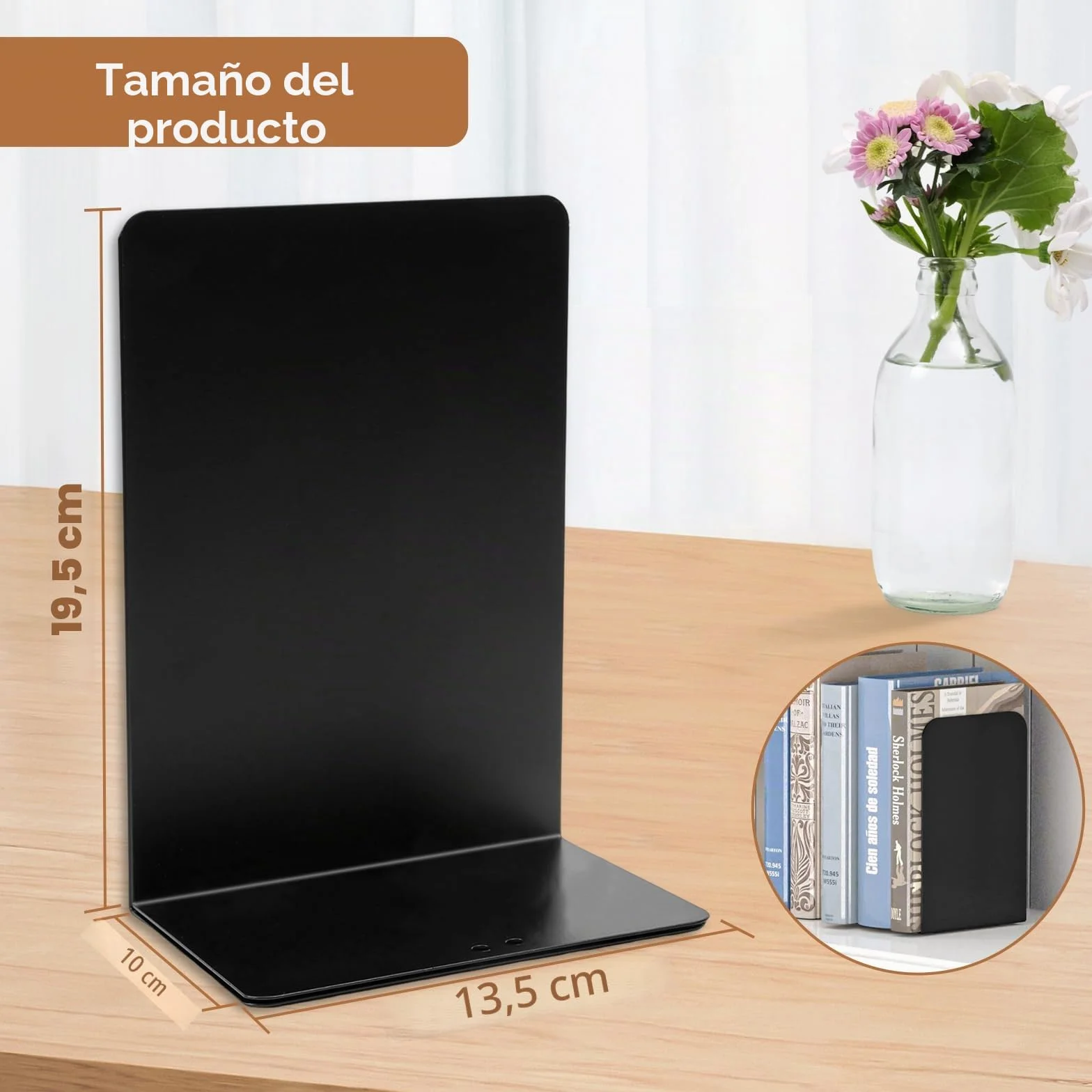 Sujetalibros de Metal Negro 19.5x13.5x10cm con Alfombrilla Antideslizante 6 Piezas