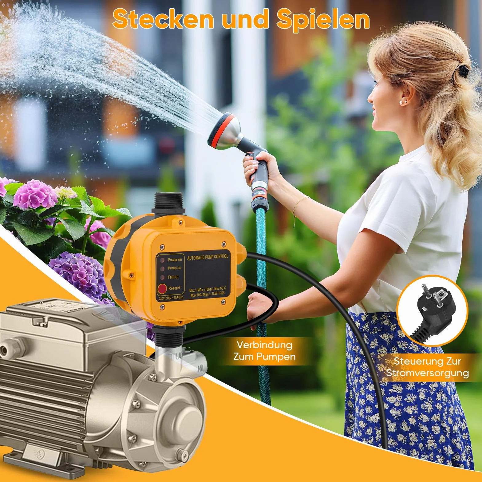 Presostato Para Bomba De Agua, Monitor Electrónico De Presión Para Bombas De Agua Máx. 10 Bar 220-240 V Con Enchufe Resistente Al Agua IP54 Monitor De Caudal Para Bomba De Jardín