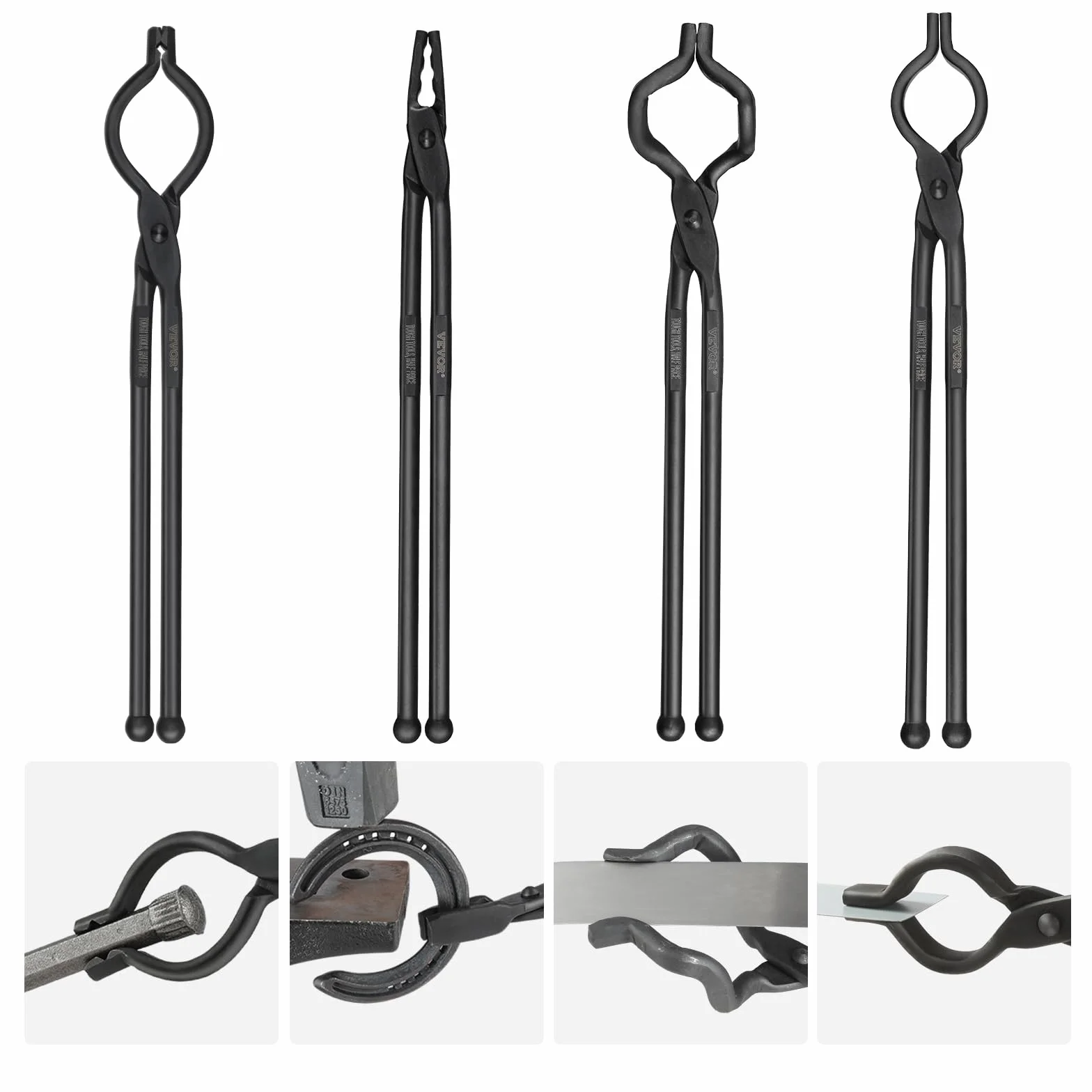 VEVOR Juego de Pinzas de Herrero de Acero al Carbono 4 PCS Pinzas de Forja 46 cm en Forma de V, Boca de Lobo, Forma de ZV, Alicates de Agarre Mango Largo Operación Segura Equipo Básico para Herrero