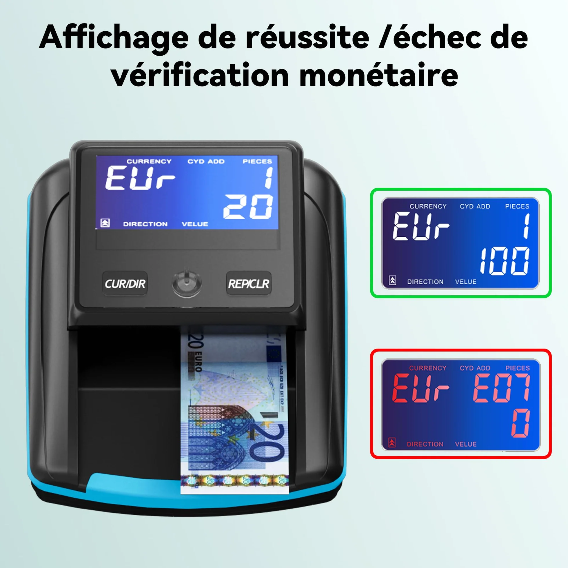 Detector de billetes falsos Euro con batería recargable automático para varias monedas Azul