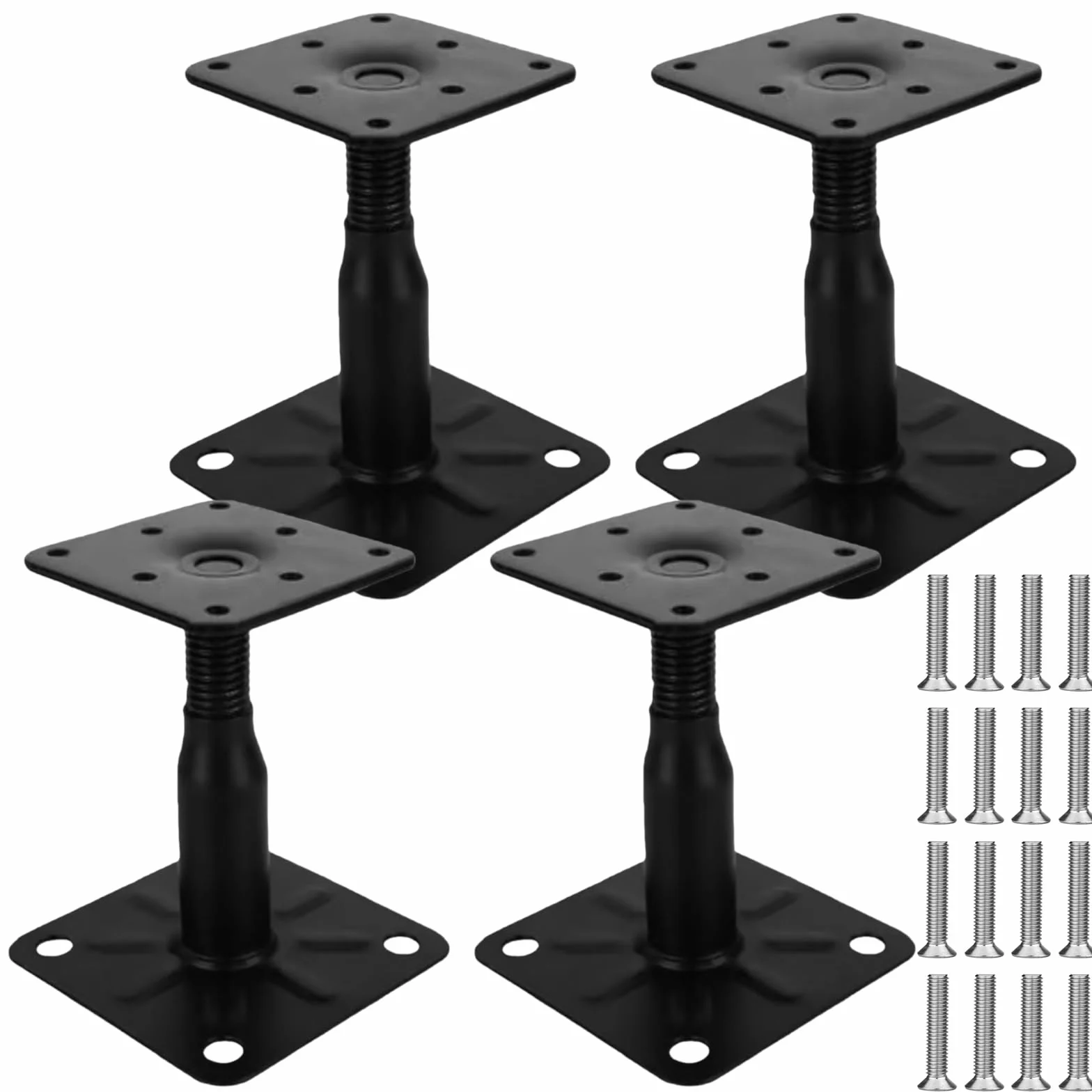 4 soportes para postes, 100-150 mm, galvanizados, altura ajustable con 16 tornillos, acero galvanizado, pie de apoyo para terrazas, vallas, refugios, garajes, pérgolas, trabajos de construcción