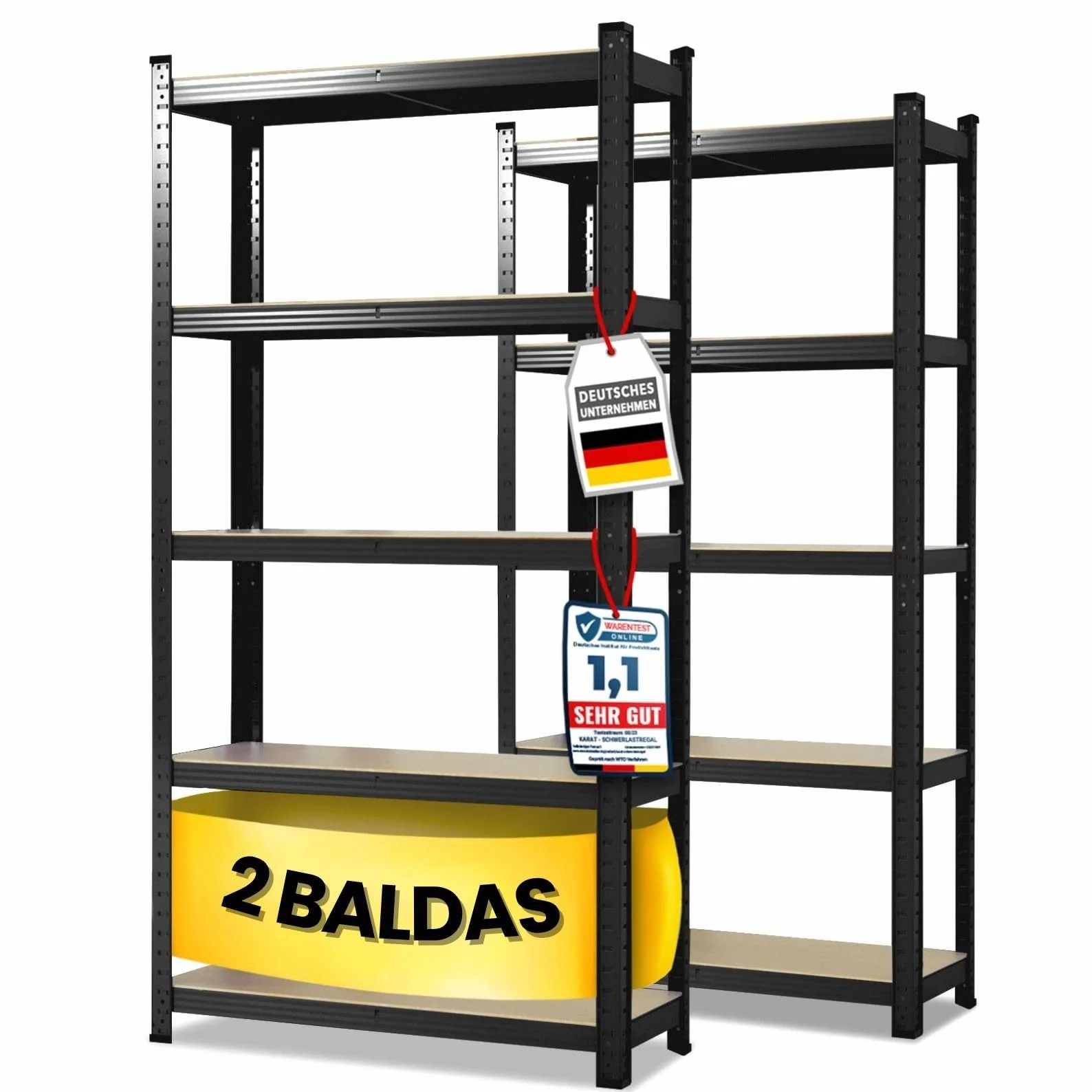 KARAT Estantería para cargas pesadas, juego de 2 unidades, 180 x 90 x 40 cm, 5 estantes ajustables, color negro