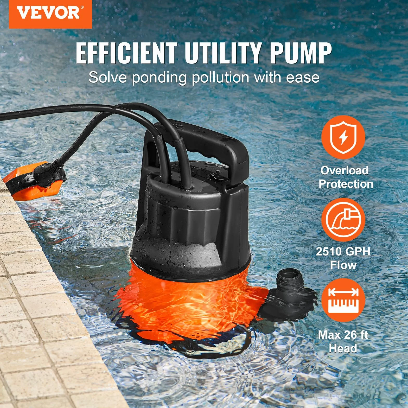 VEVOR Bomba Sumergible 400W 9500L/H 7,9m Alto Flujo Sumidero
