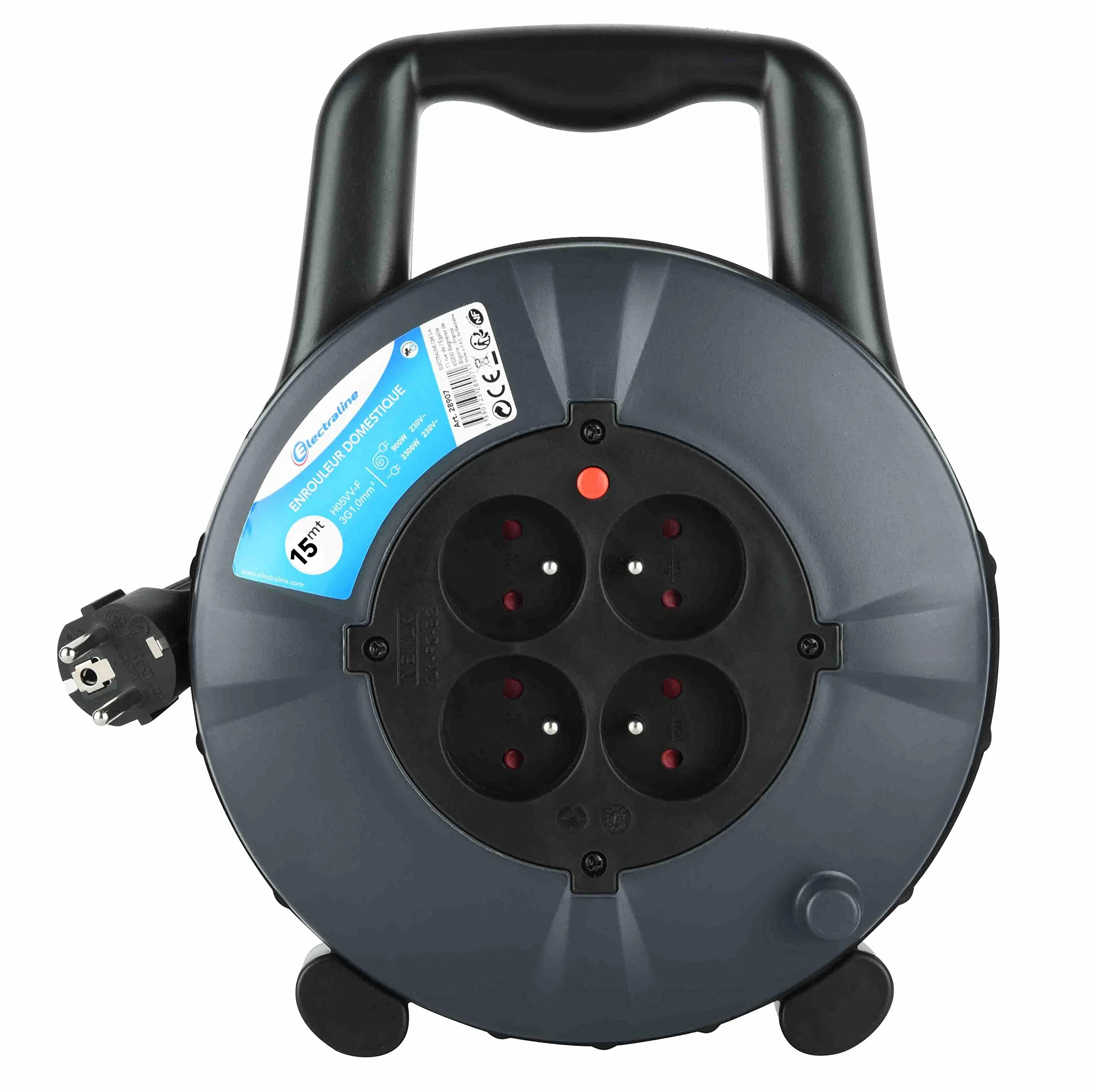 Electraline 28909 - Enrollador alargador doméstico, sección de cable 3G1 mm², 15 m, 4 tomas 16 A, color negro