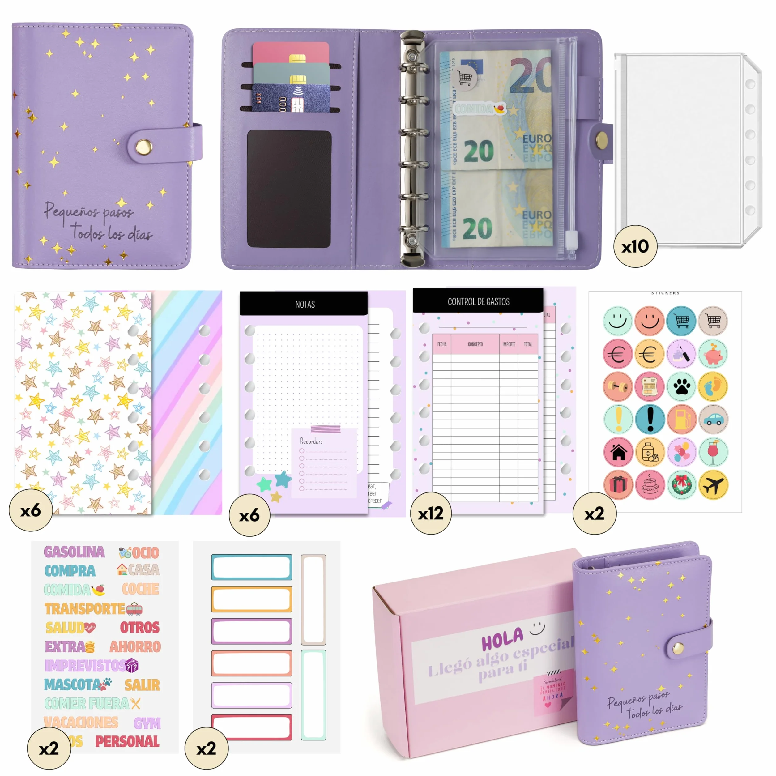 Libreta de Ahorro A7 en Español - Cuaderno de Ahorro Dinero - Organizador de Dinero - Carpeta de Ahorro (Morado)