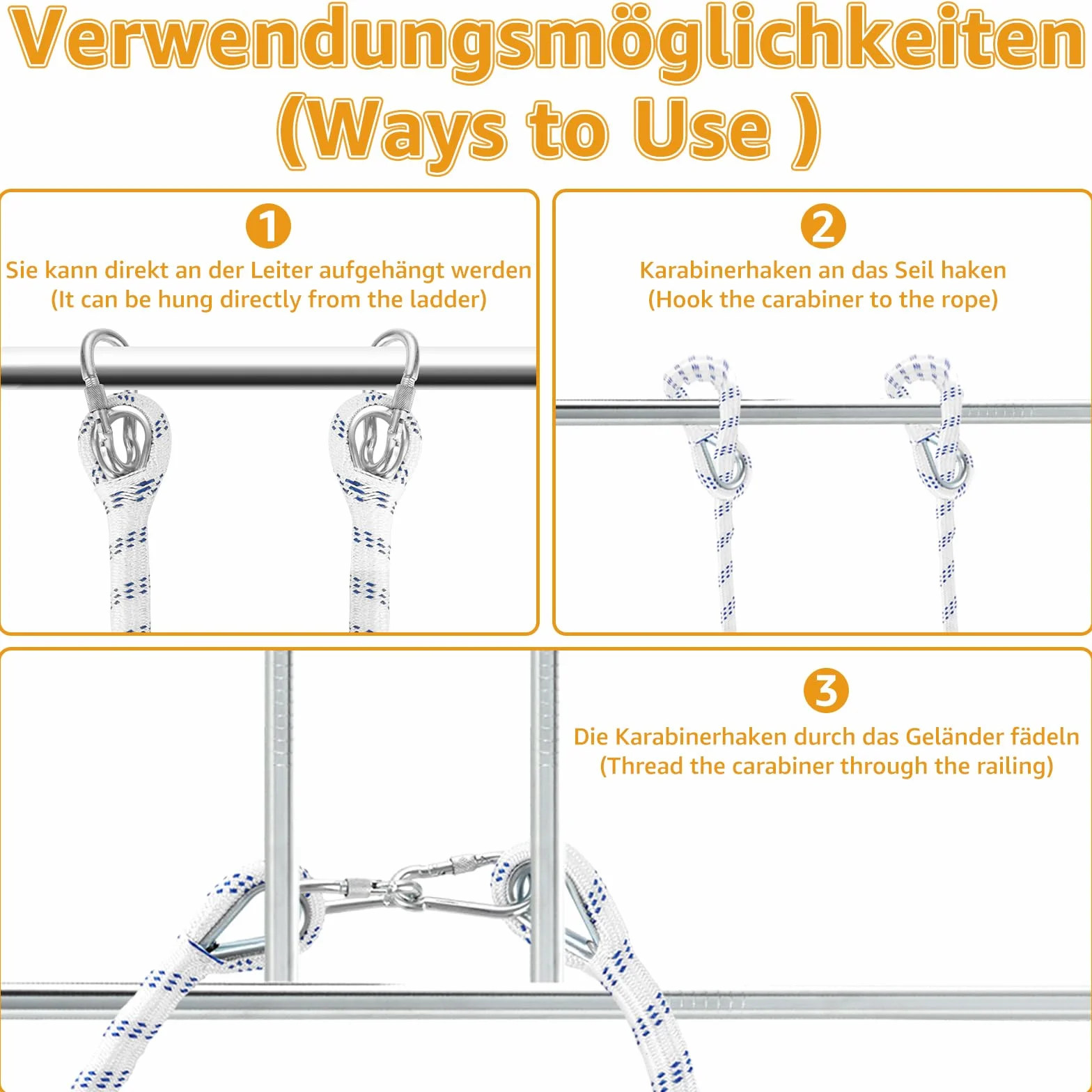 Escalera portátil de cuerda, 5 m, escalera de seguridad para adultos, con mosquetones, capacidad de carga de hasta 300 kg, escalera de rescate para exteriores, balcón, ventana, barandilla