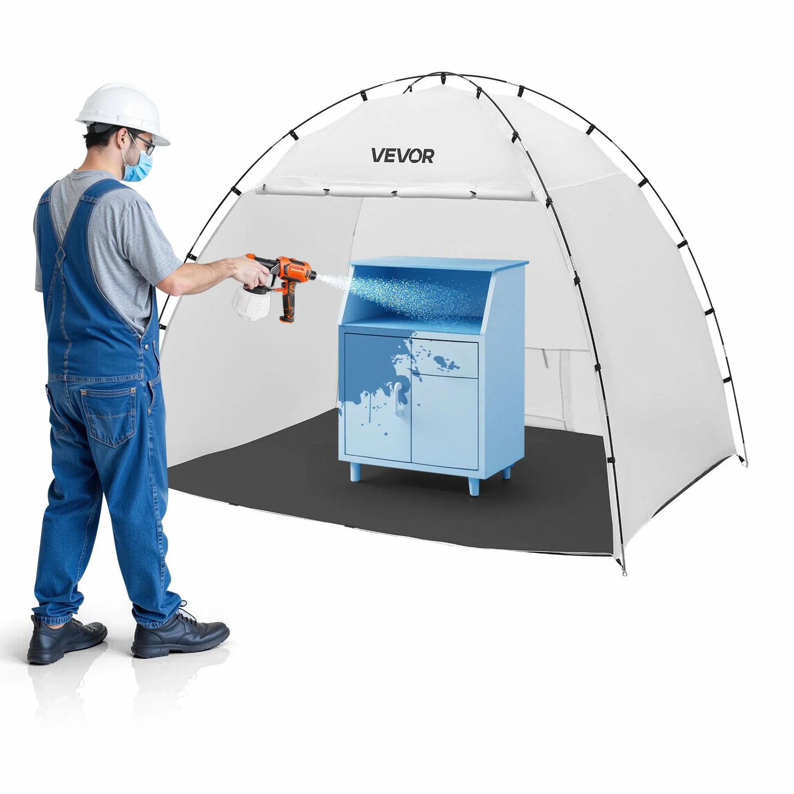 VEVOR Cabina de Pintura Portátil, Área de Trabajo de 233 x 172 x 190 cm, Impermeable, con Suelo Integrado y Puerta Enrollable para Armarios, Sillas y Mesas, para Proyectos Fluidos, Color Blanco