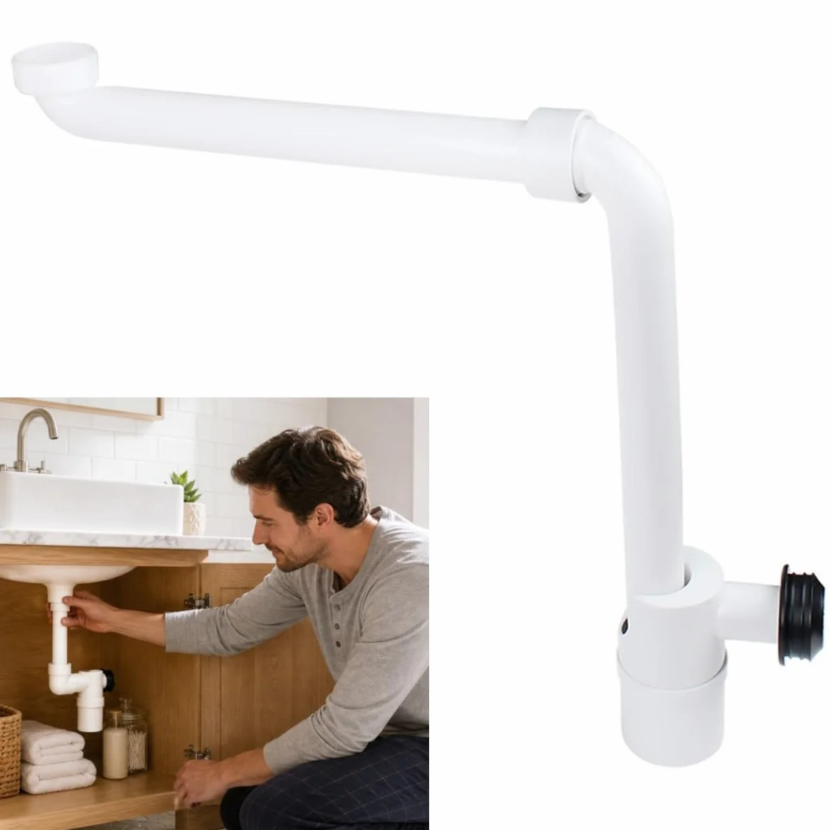 Sifón Desagüe Flexible 1 1/4" Antiolores Sello Hidráulico 60mm Tubo Lavabo Baño Autolimpiable Kit Fontanería Blanco