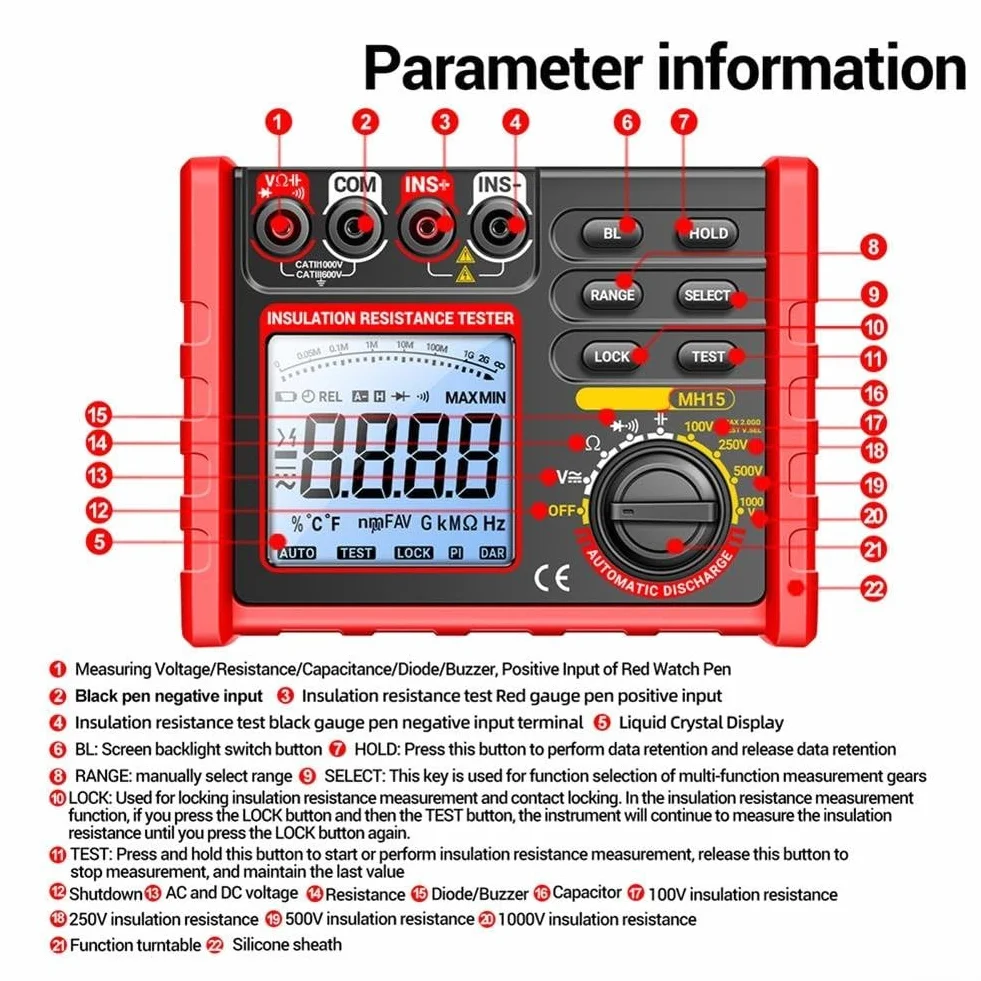 MH15 Digital Megohmmeter Resistencia de Aislamiento Probador 100V 250V 500V 1000V LCD Display Meter con cables de prueba