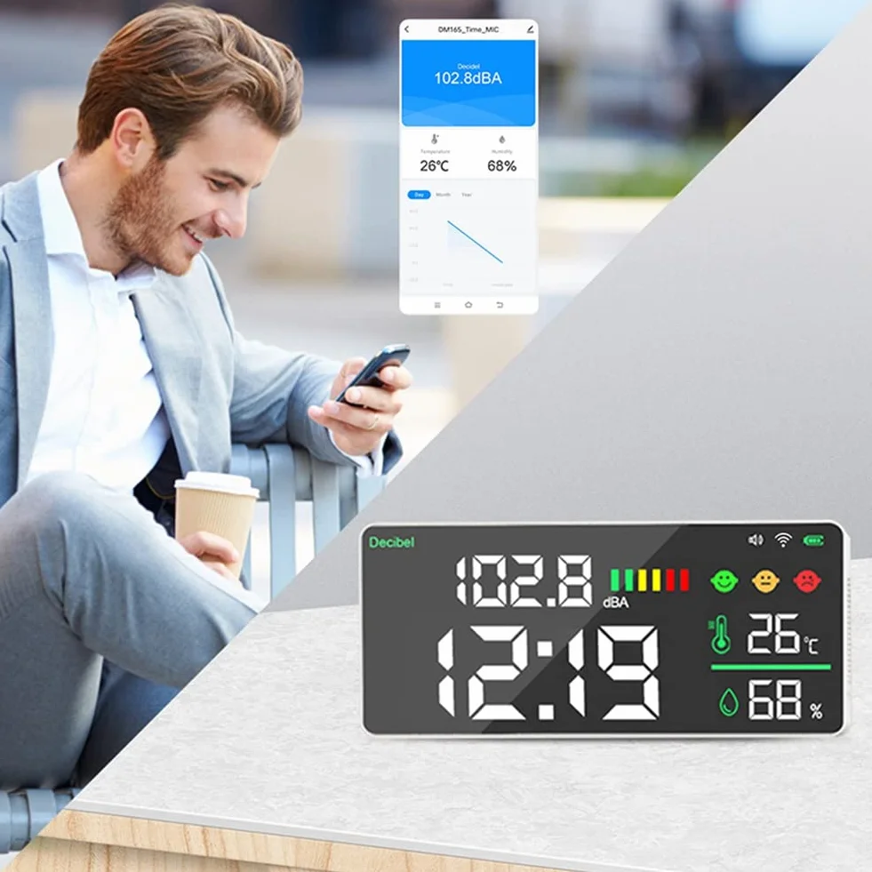 Tuya WiFi Medidor de Decibelios Digital Montado en la Pared Inteligente con Monitor de Temperatura y Humedad Pantalla LED Grande