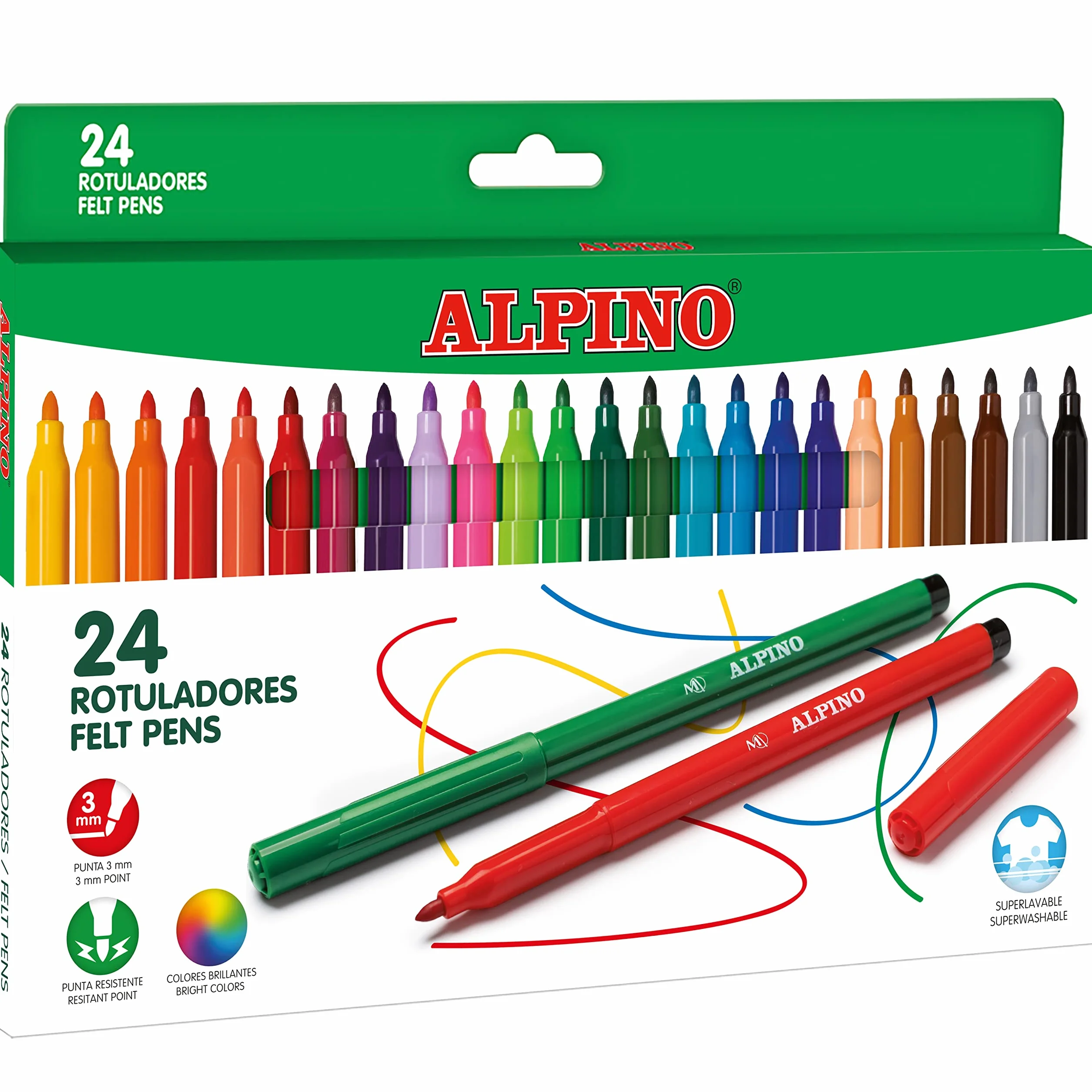 Alpino 24 Rotuladores de Colores Brillantes Punta Resistente 3mm Tinta Lavable Larga Duración Material Escolar