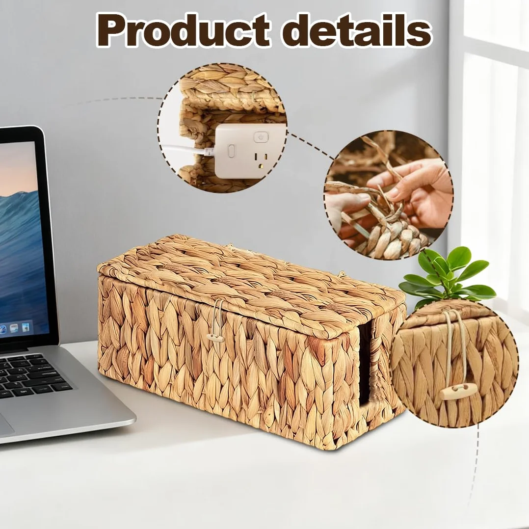 LOMUG Caja de cables de jacinto de agua hecha a mano, caja de cables con regleta con tapa, caja de gestión de cables con apertura lateral para ocultar cables, adecuado para oficina, hogar