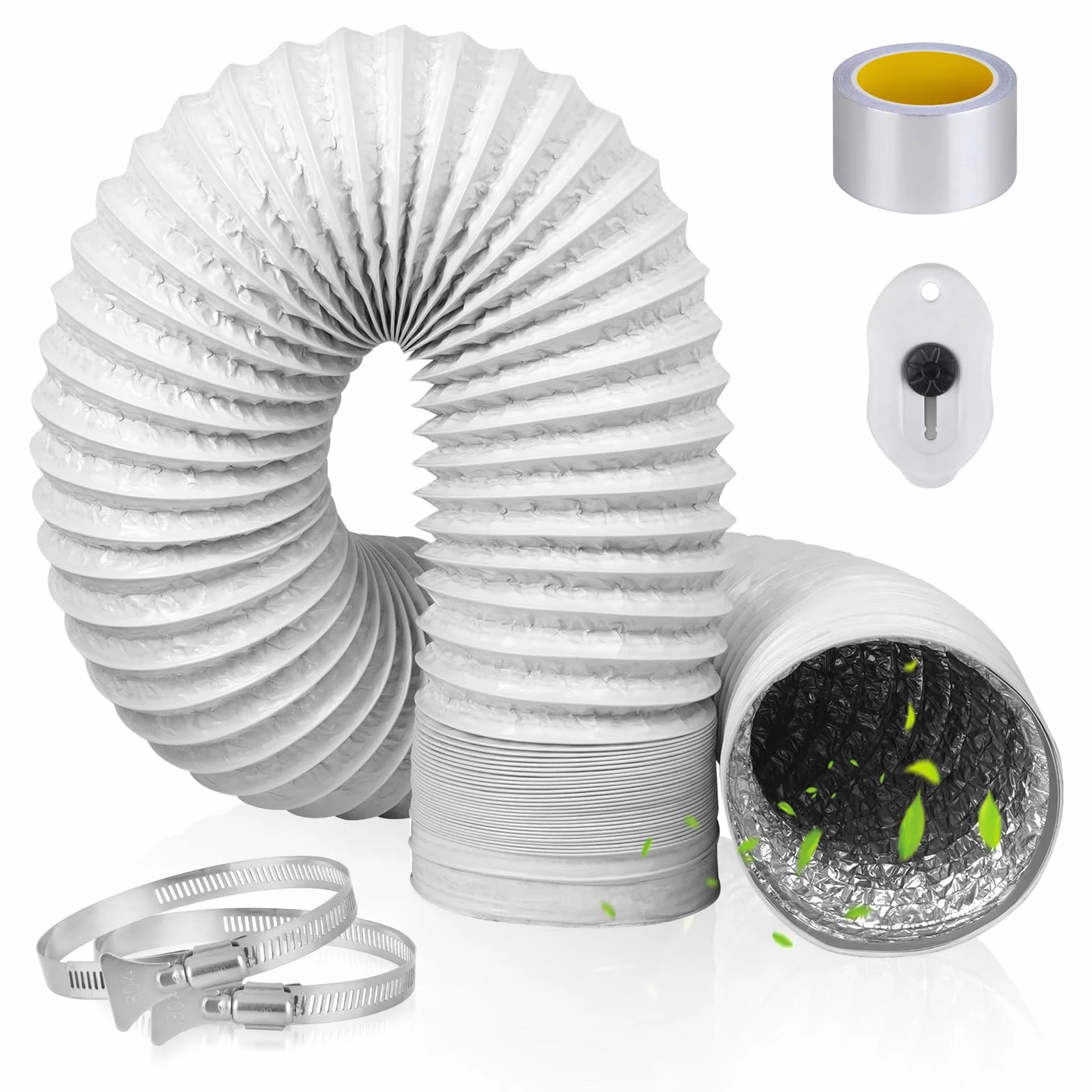 Tubo Flexible Campana Extractora de 100mm: 2m Manguera de Ventilación de Aluminio y PVC, Tubo Flexible de Salida de Aire con 2 Abrazaderas de Acero Inoxidable para Climatización Secadora (Blanco)