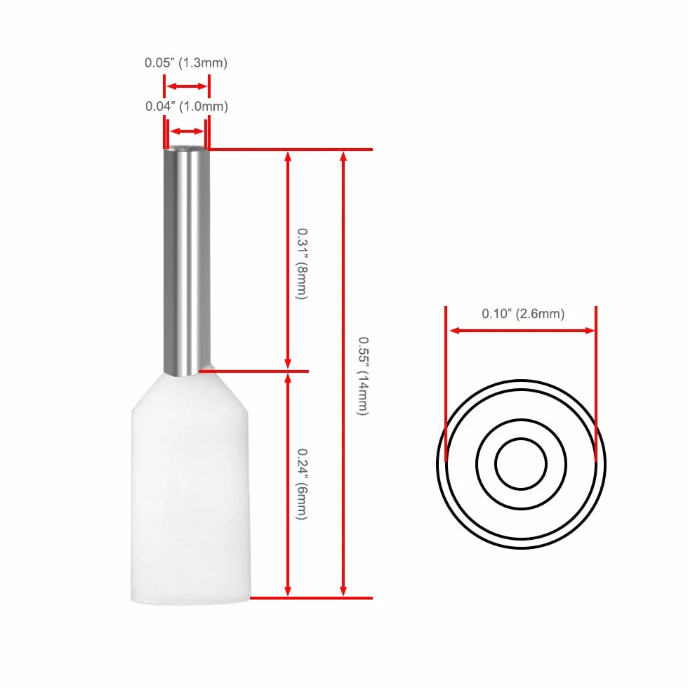 Heschen E0508 Terminal de extremo de cable, AWG22 / 0,5 mm², conector de crimpado de cobre, aislado, blanco, paquete de 1000