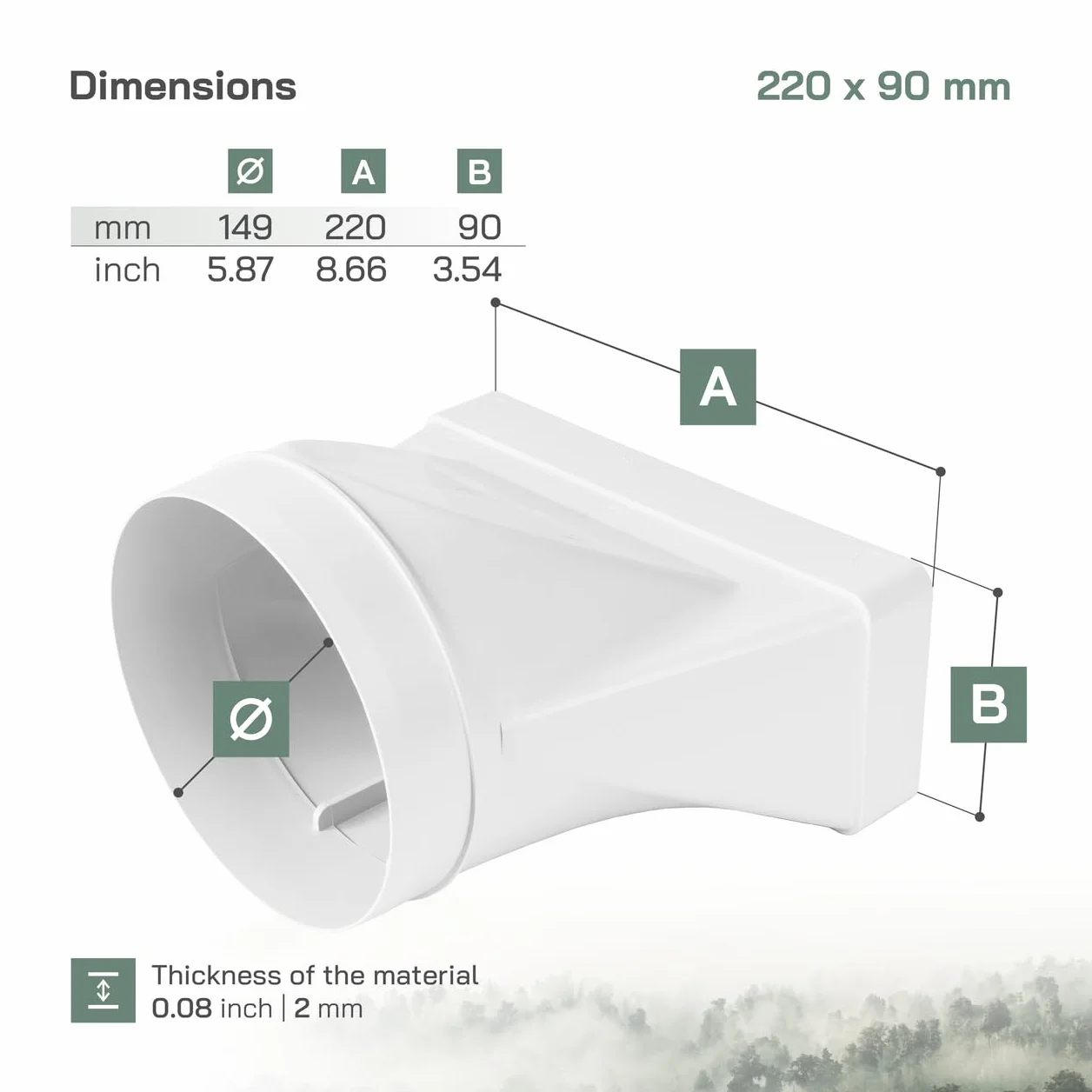 Vent Systems 220x90 mm en el conector de tubería rectangular de Ø150 mm para la conexión del tubo redondo. Sistema de ventilación, calefacción, enfriamiento - No apto para equipos de AC.