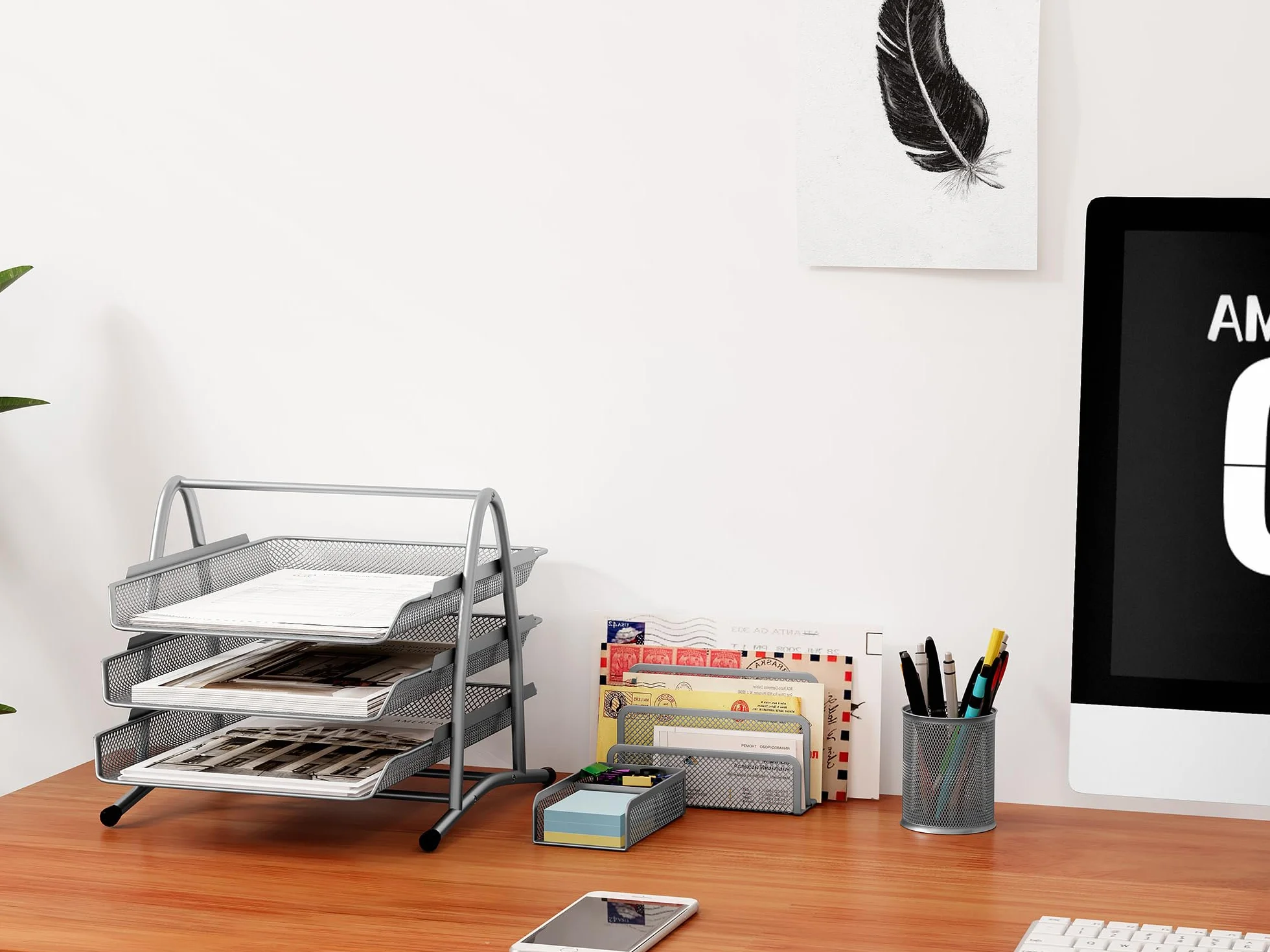 EasyPAG 4 Piezas Bandeja Escritorio A4 3 Niveles Metal Malla Almacenamiento Papeles Organizador Plateado