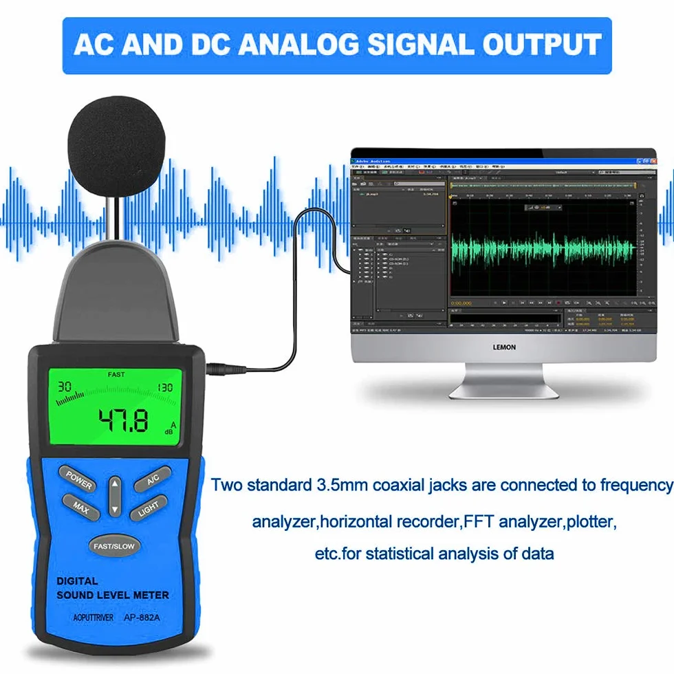 Medidor de nivel de sonido digital AP-882A 30~130dBA Decibelímetro con pantalla LCD