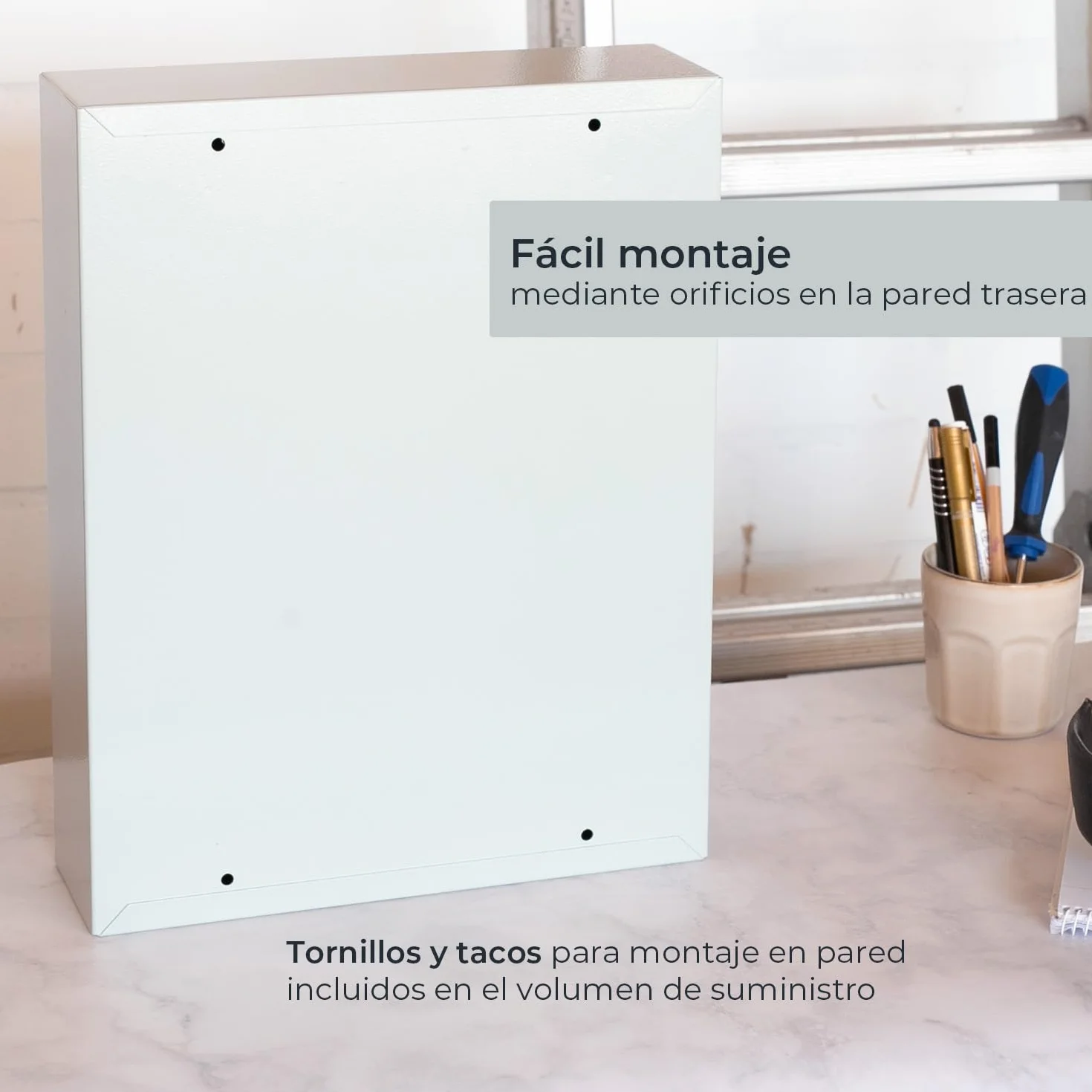 HMF Armario para Llaves de Acero, Caja de Llaves con Cerradura para Oficina, administración o Flota de vehículos | 42 Ganchos para Llaves | 35 x 27 x 8 cm | Gris Claro