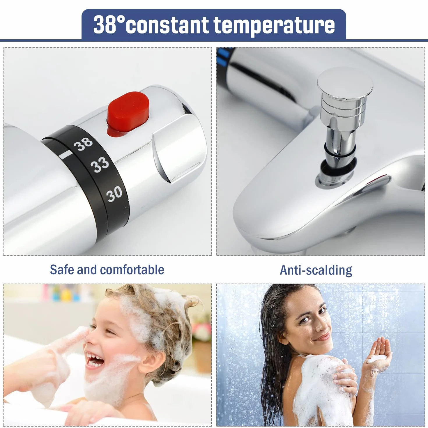 Grifo Termostatico Ducha Bañera Latón con Botón Seguridad 38℃ 2 Salidas