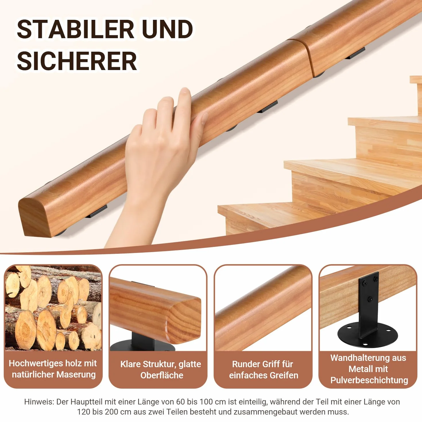 Pasamanos de madera de pino, 80 cm, pasamanos montados en la pared, madera semicircular, pasamanos de madera antideslizante con soportes de pared, material de montaje, nogal claro