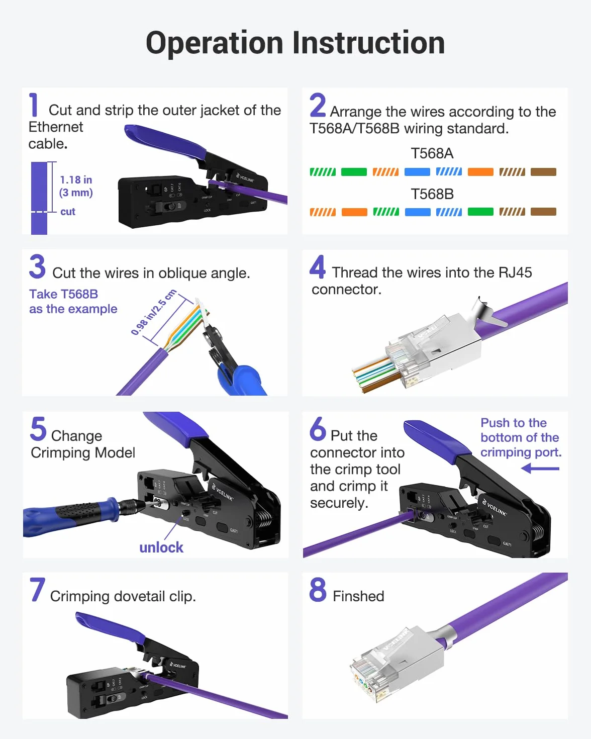 VCELINK GJ671BL Crimpadora RJ45 Pasante Crimpadora Profesional para Conector RJ45,RJ12,RJ11