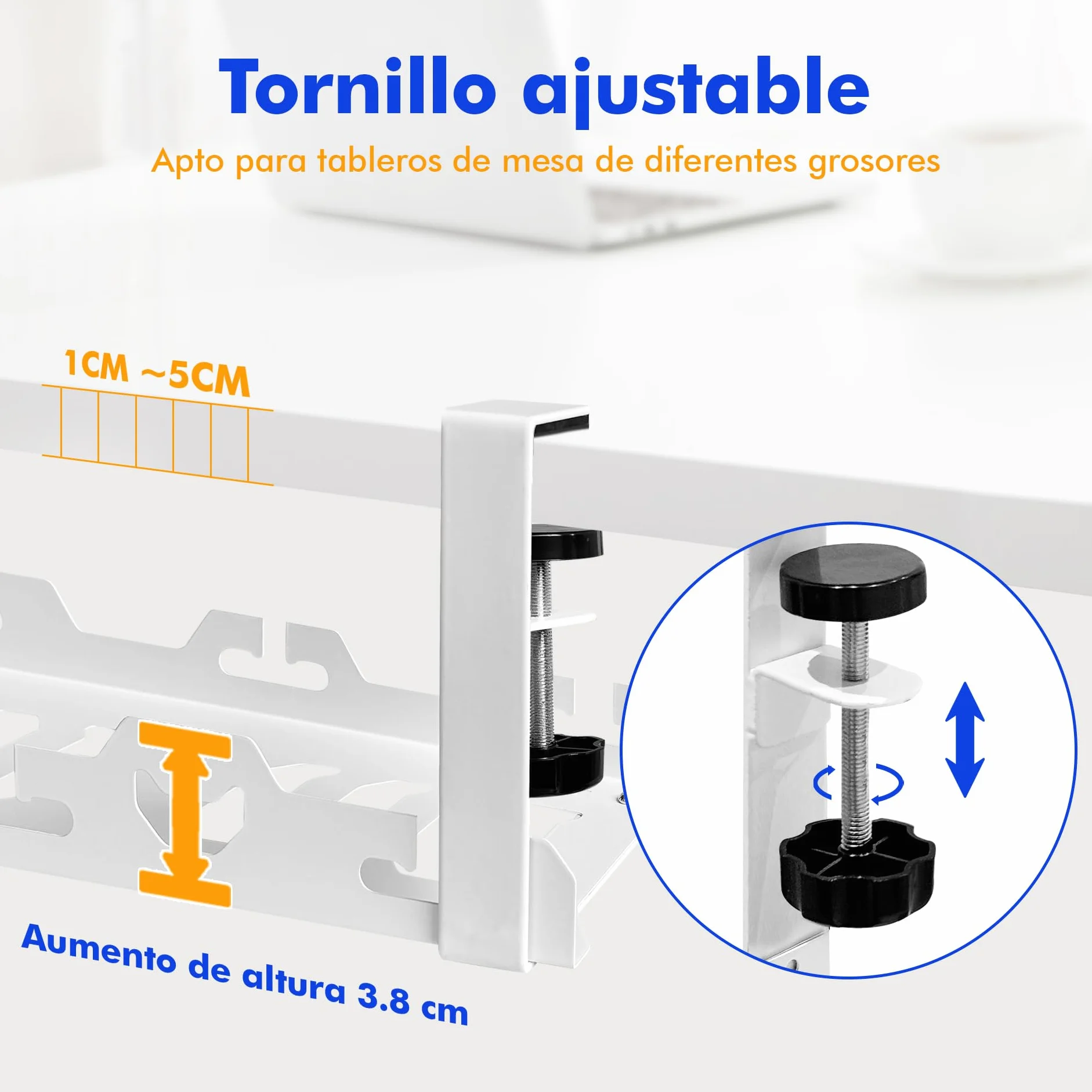 Mimoke Cesta de gestión de Cables Ajustable, sin perforación, Almacenamiento Pesado, Extensible de 40 a 74 cm, Capacidad hasta 15 kg, diseño ventilado, Adecuado para Oficina, Blanco
