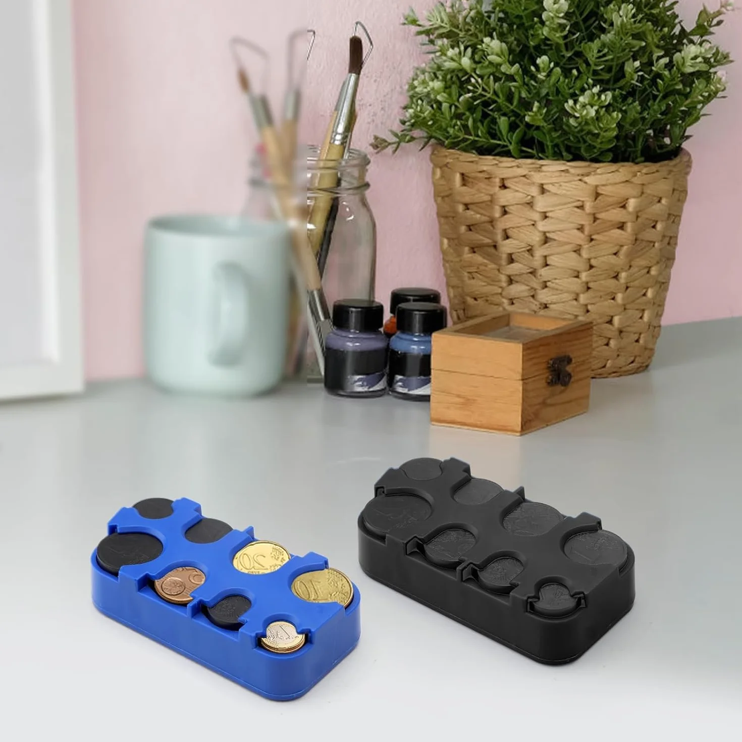 Caja almacenamiento monedas euro dispensador soporte fijación rápida