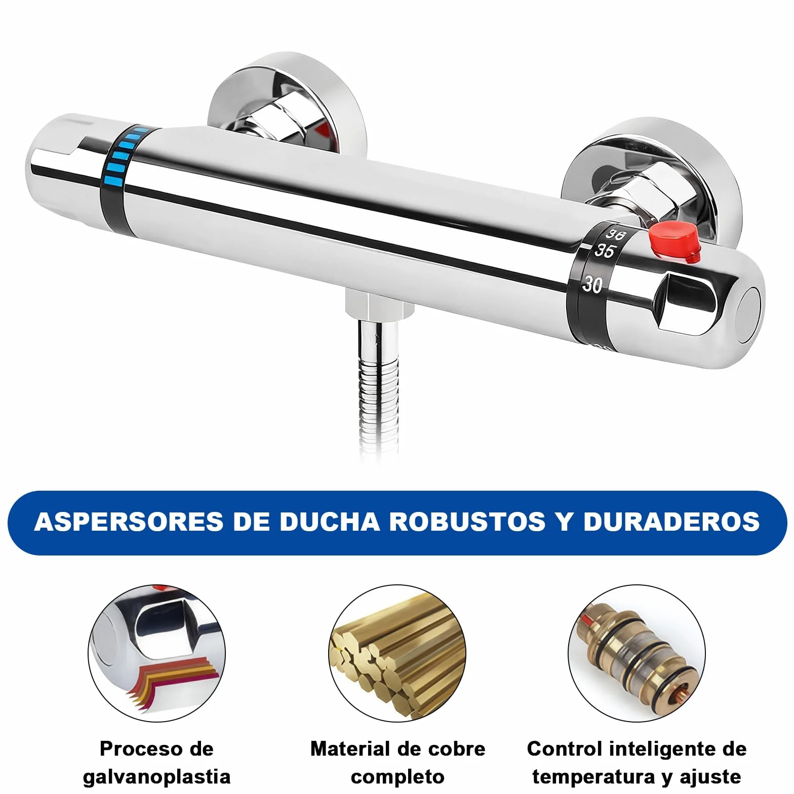 Grifo Ducha Termostato, Salida de Válvula G1/2 ", Mezclador Termostatico de Ducha de Sobrepared, Mezclador de Ducha de Latón con Bloqueo de Seguridad a 38 °C, Adecuado para baño, Cocina, Ducha