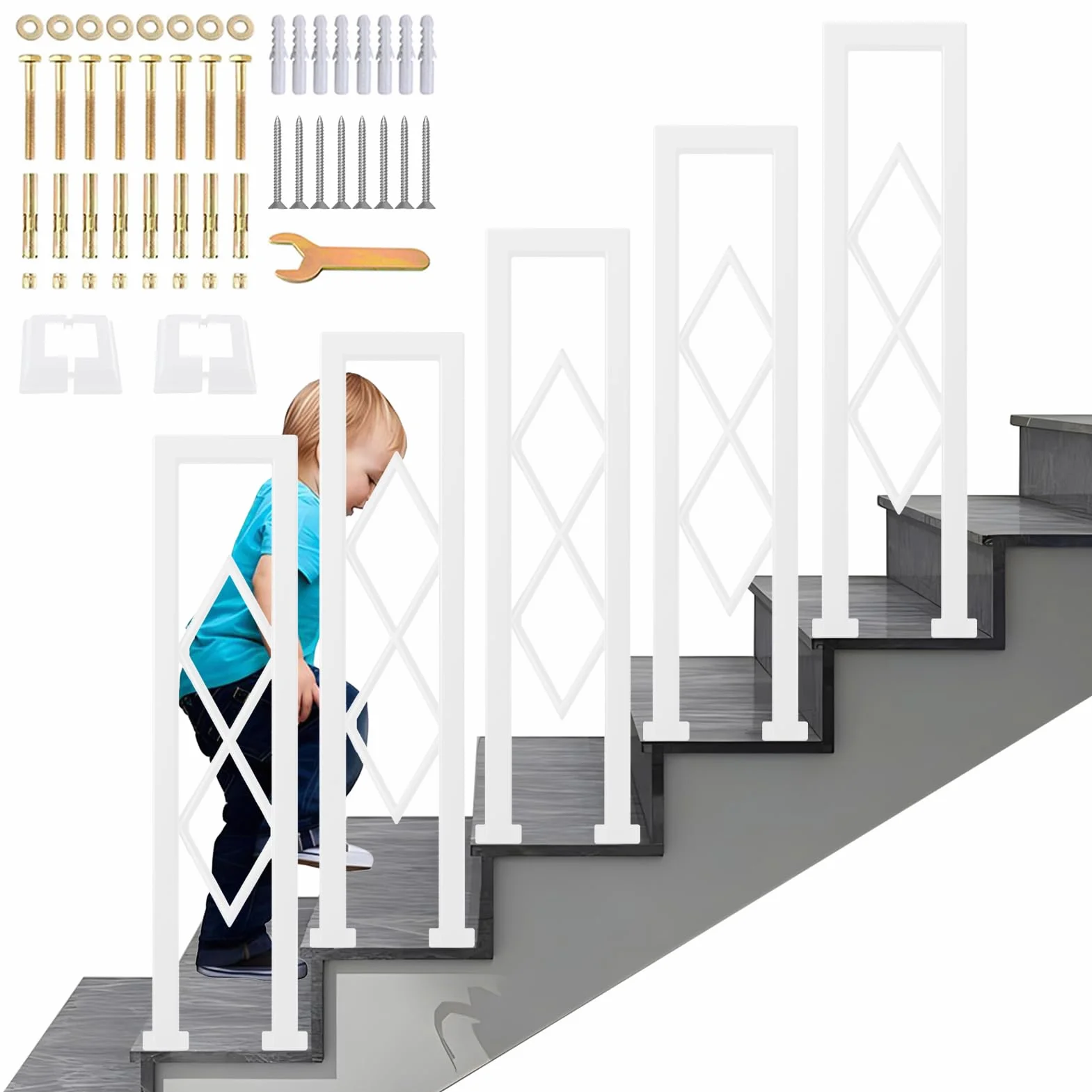 Barandilla de Escalera Interiores en Forma de U con Patrón de Diamante, Pasamanos Antideslizantes de Seguridad, Modernos Balaustre Decorativas para Escalones, Pasillo, Ático (Blanco, 85cm)