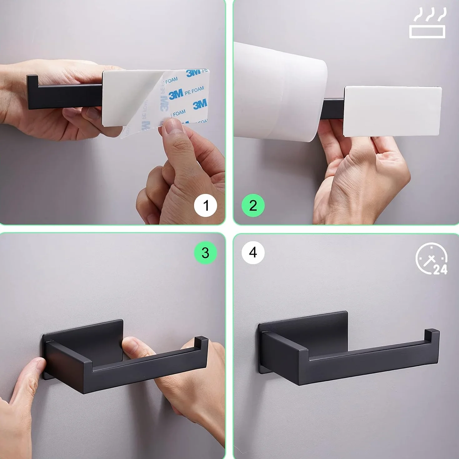 Aikzik Soporte para papel higiénico negro, portarrollos sin taladrar de acero inoxidable con 2 ganchos adhesivos