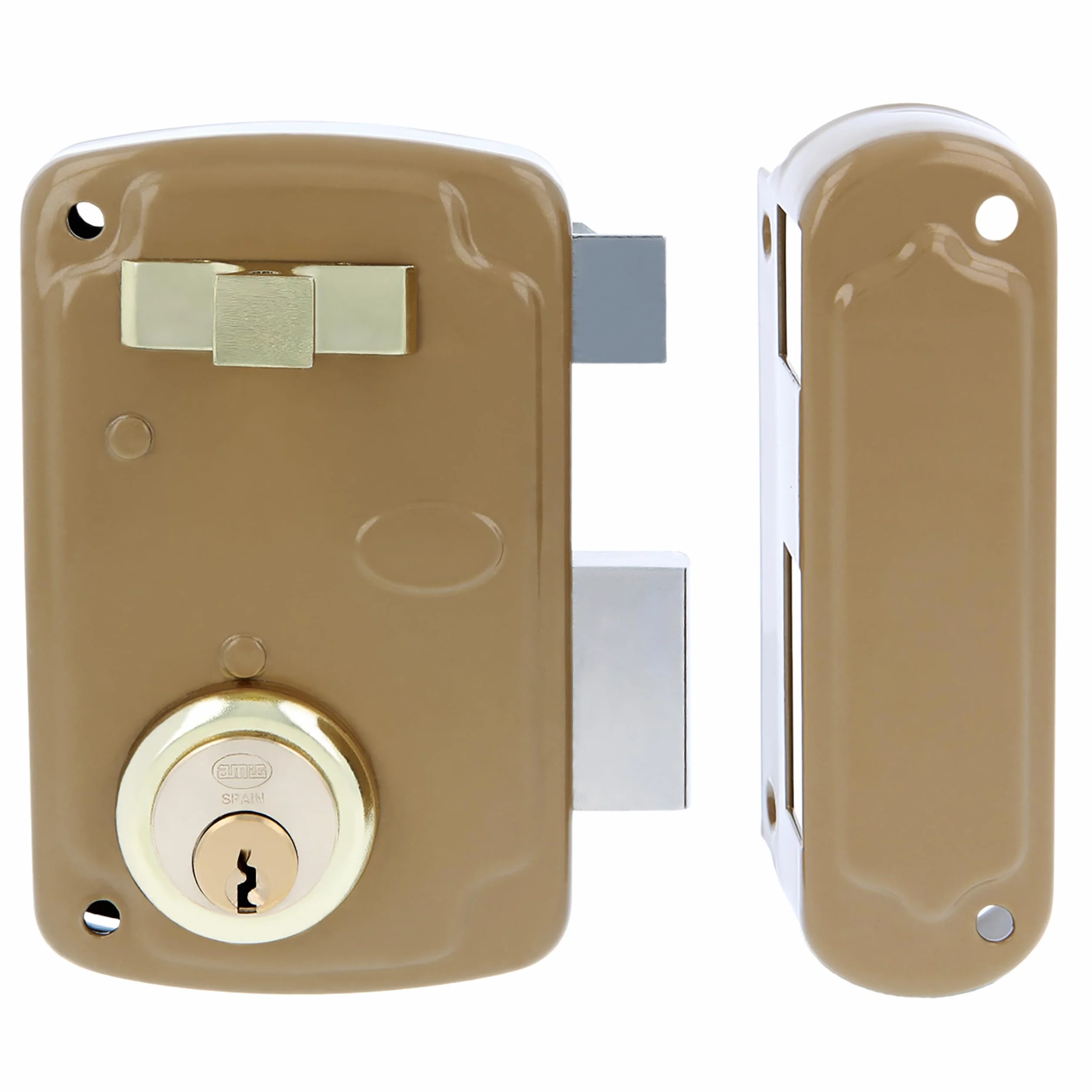 Amig - Cerradura de Sobreponer de Derecha con Palanca de Cierre, Lengüeta y Tirador para Puertas de Madera Mod. 75U - 76 x 120 mm - Cilindro Redondo de Seguridad - Acero Dorado
