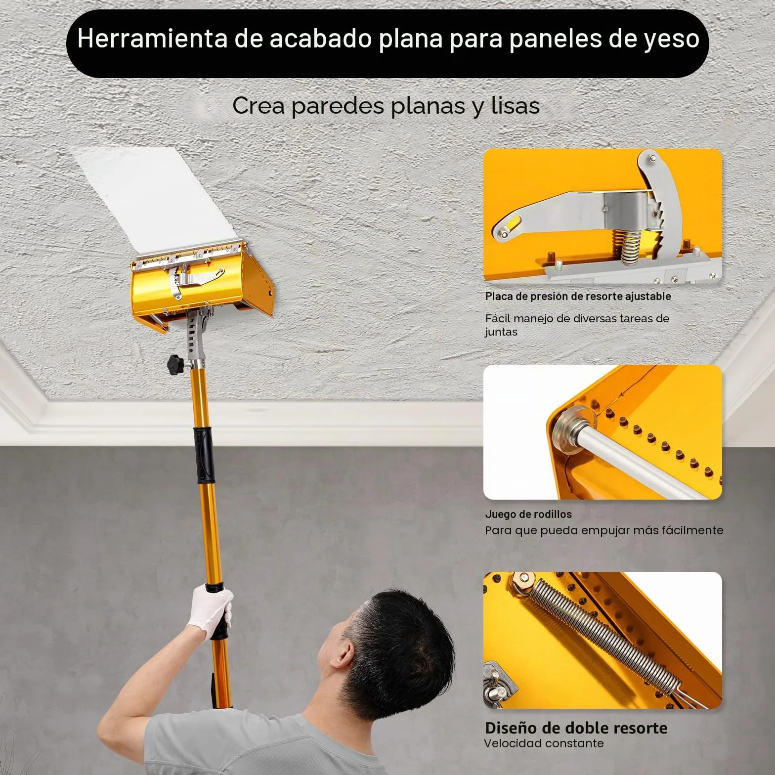 Herramientas de Acabado Planas Para Paneles de Yeso, 10'' Caja de Acabado Plana Profesional con Mango Ajustable de 90 a 150 cm, Ajustable en Polvo de Yeso, Herramienta de Procesamiento de Paneles de