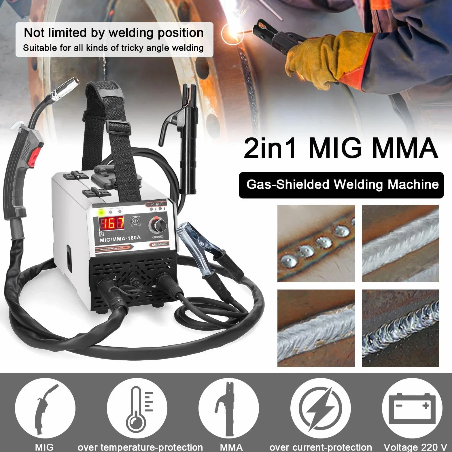 Soldadora de 160A de alambre de relleno, soldadora de electrodos 2 en 1 (MIG/MMA), soldadura de contacto con avance automático de alambre, soldadora de arco de gas, soldadora compacta de IGBT inversor
