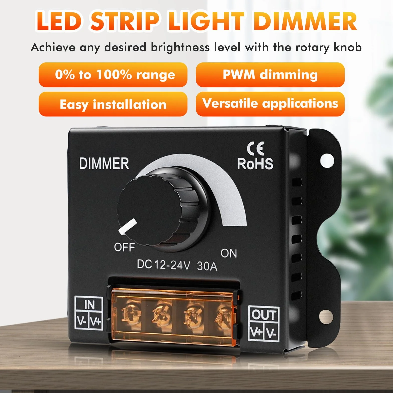 Controlador dimmer led DC12V-24V 30A PWM Dimming interruptor regulador de intensidad led con mando giratorio de ajuste de brillo Apto para tiras de luces LED