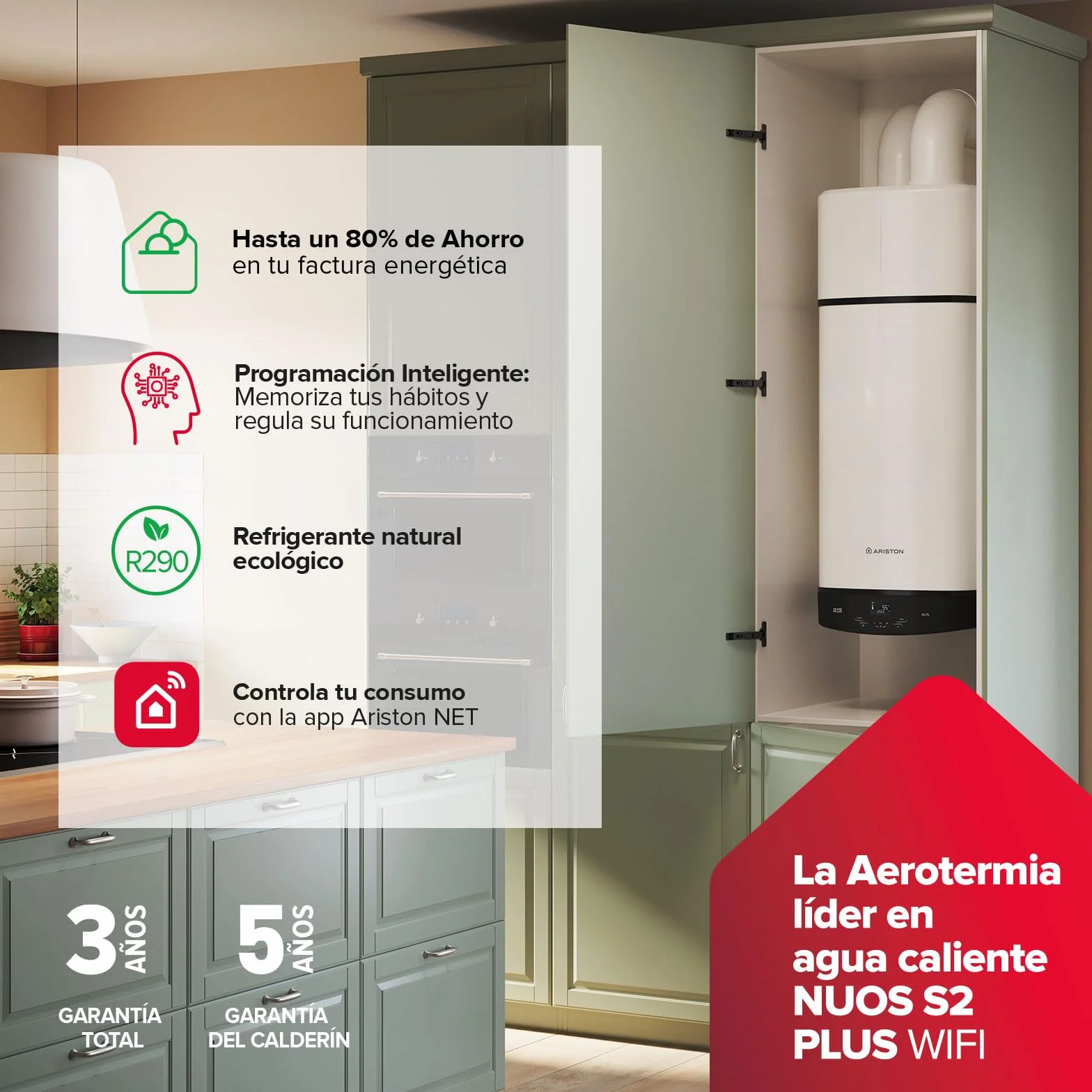 Ariston Nuos Plus S2 Wifi - Termo 80 Litros con Bomba de Calor, Calentador de Agua Bajo Consumo, Control con App, Compatible con Alexa, Clase A+ (A+/F) - Servicio Post-Venta solo Disponible en España