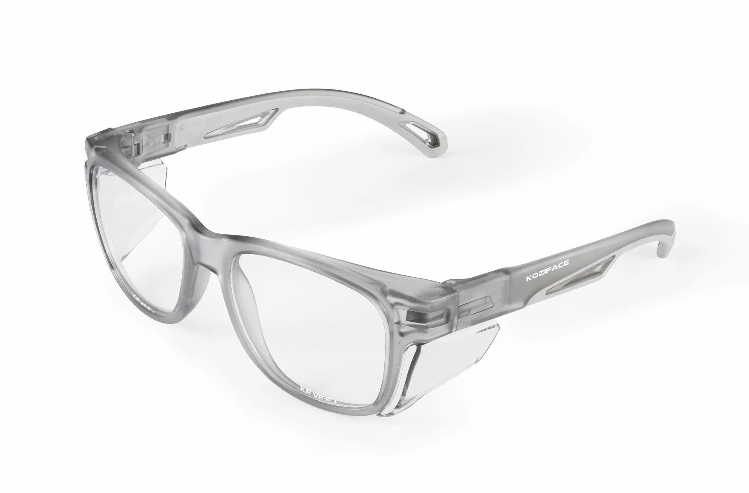 Koziface E52G - Gafas de seguridad para hombres y mujeres, elegantes gafas protectoras de trabajo con luz negra, antivaho con protectores laterales, lentes transparentes, agarre antideslizante