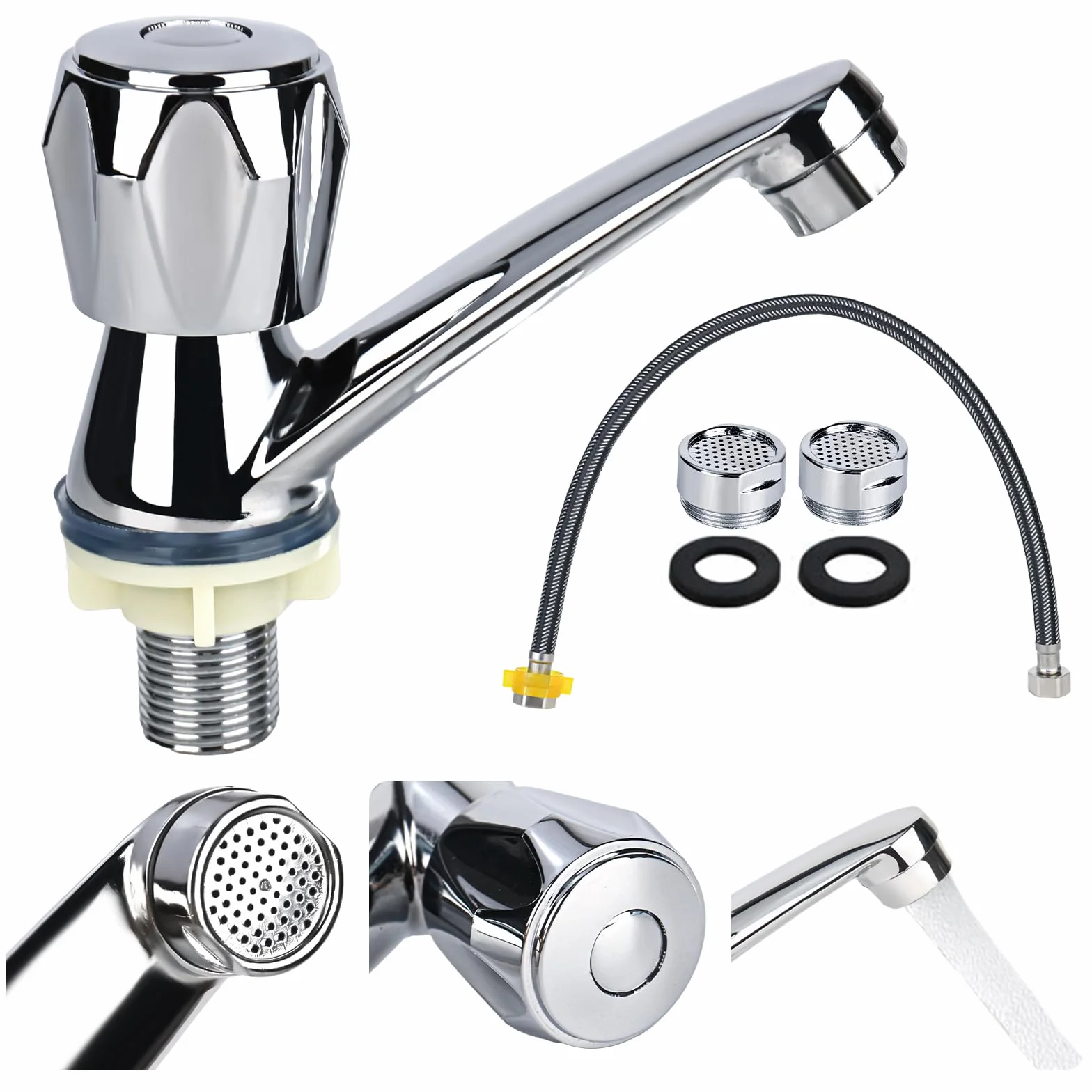 Grifo de baño simple de agua fría para lavabo, moderno grifo de lavabo cromado, grifo de baño de agua fría, grifo con manguera de conexión de 60 cm, grifo para lavabo y baño