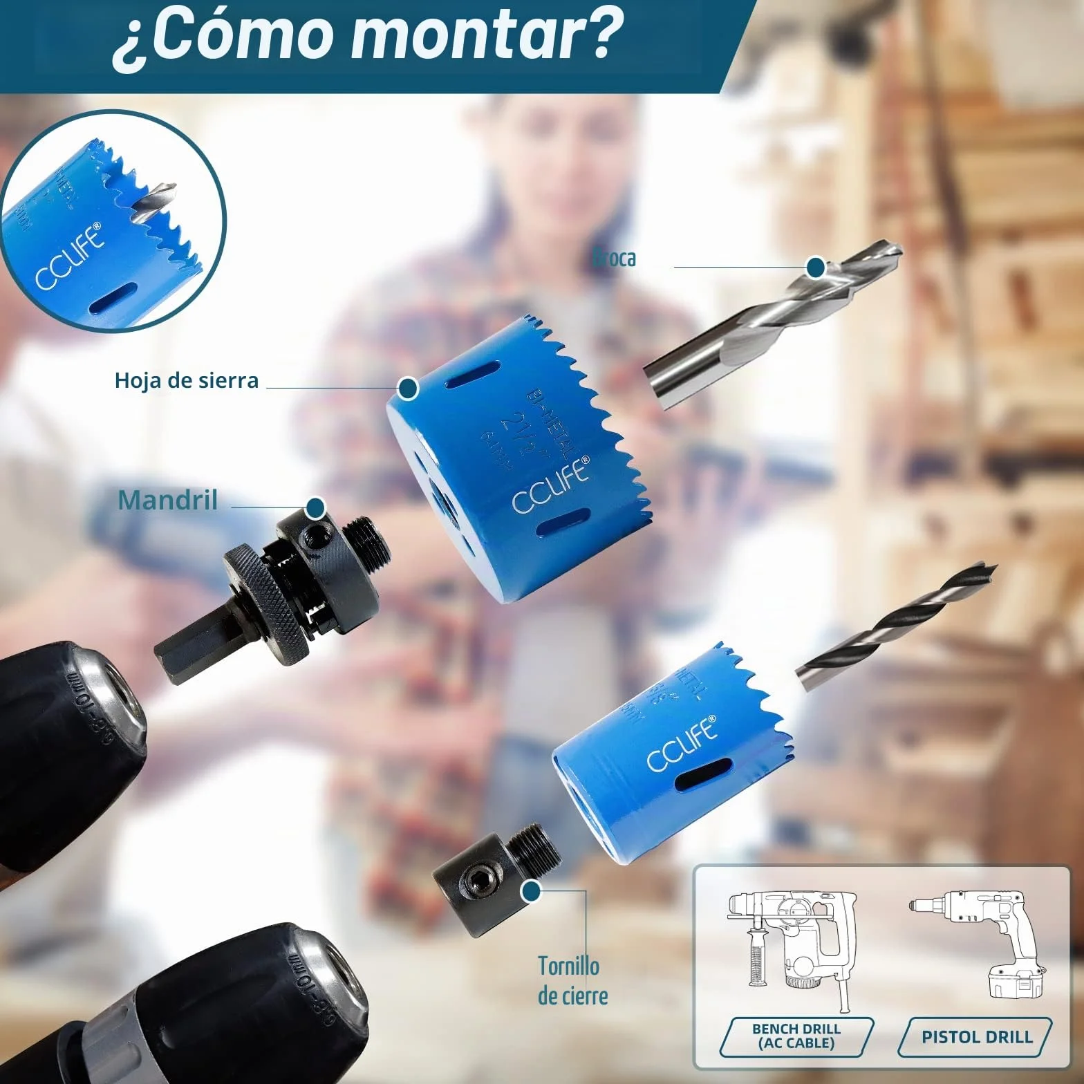 CCLIFE Juego de sierra perforadora bimetálica, 8 piezas, bimetal M3 HSS-CO, diámetro de 22 – 64 mm, profundidad de corte 38 mm, para taladrar acero inoxidable, metal ligero, madera, PVC, plástico, etc