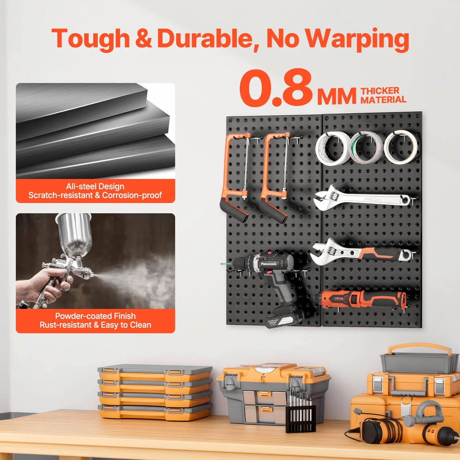 VEVOR Paneles Perforados de Metal de 609,6 x 304,8 x 19 mm 2 Paneles, Organizador de Pared Resistente con Accesorios, para Sala de Estar, Almacenamiento de Herramientas, Sala de Manualidades, Negro