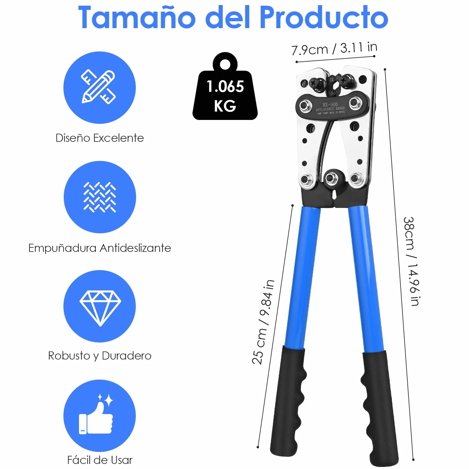 ZWOOS Crimpadora Terminales Electricos AWG 10-0, Anillo de Cobre de Batería de 6/10/16/25/35/50 mm² Crimpadora Resistente para Prensa Terminales de Cable (HX50b)