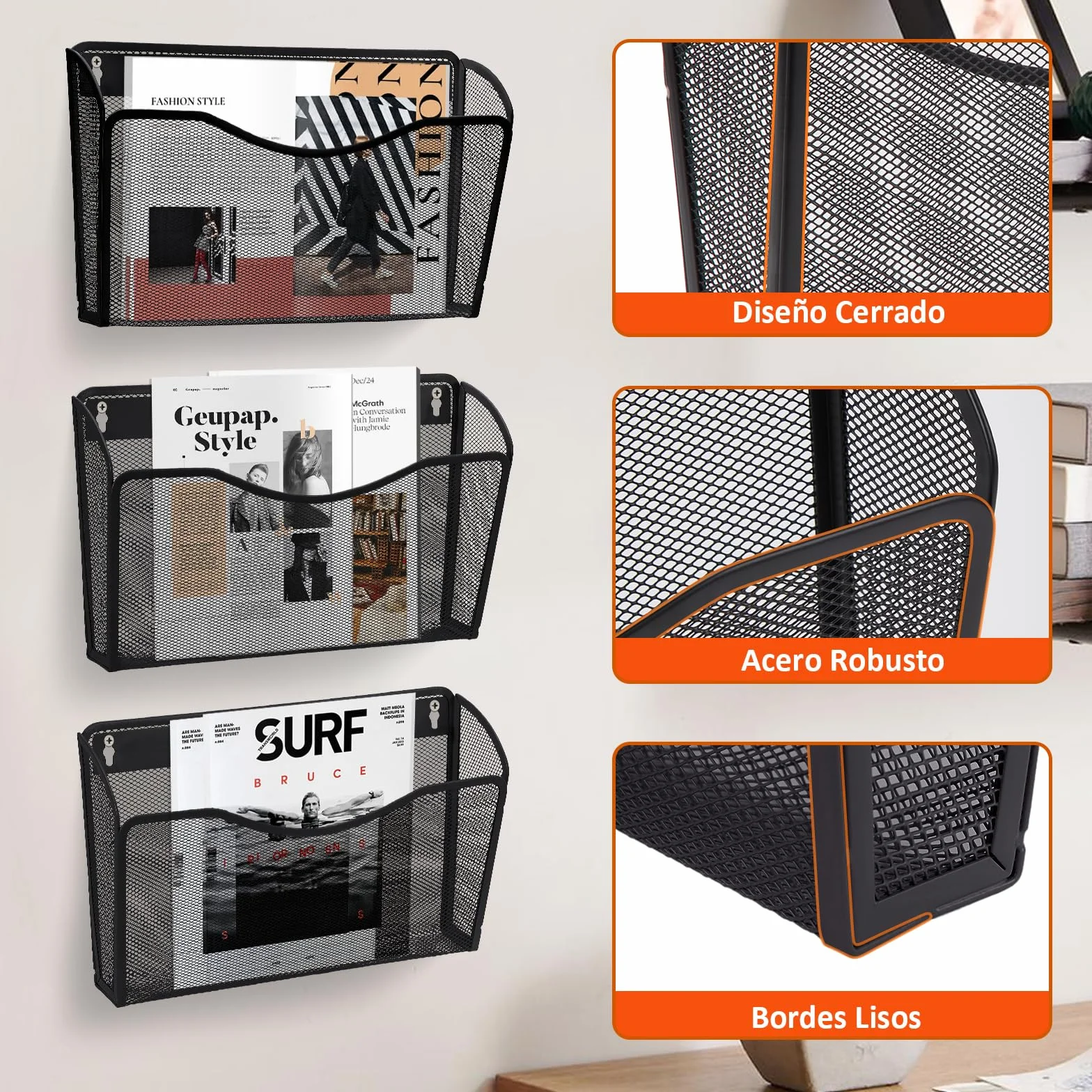 AGPTEK Archivador Montable en Pared Paquete de 3, Archivador Organizador Malla Metálica Negro