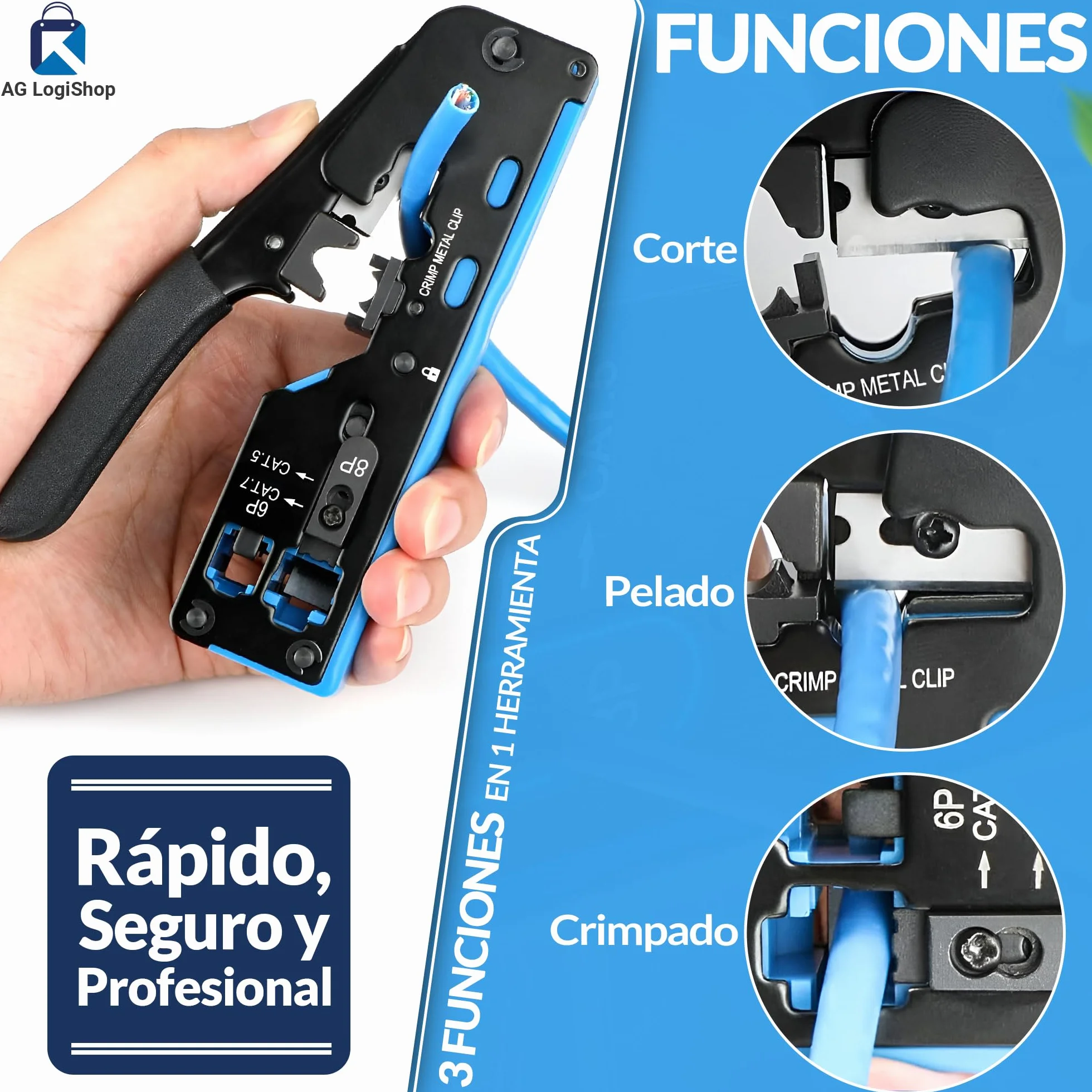 AG LogiShop Kit Herramienta de Crimpado RJ45 + Alicates + Pelacables + Comprobador de Conexión + 50pc Conectores + 50pc Fundas + Bolsa de Almacenamiento | Cat5/5e/6/7 + 6P/8P