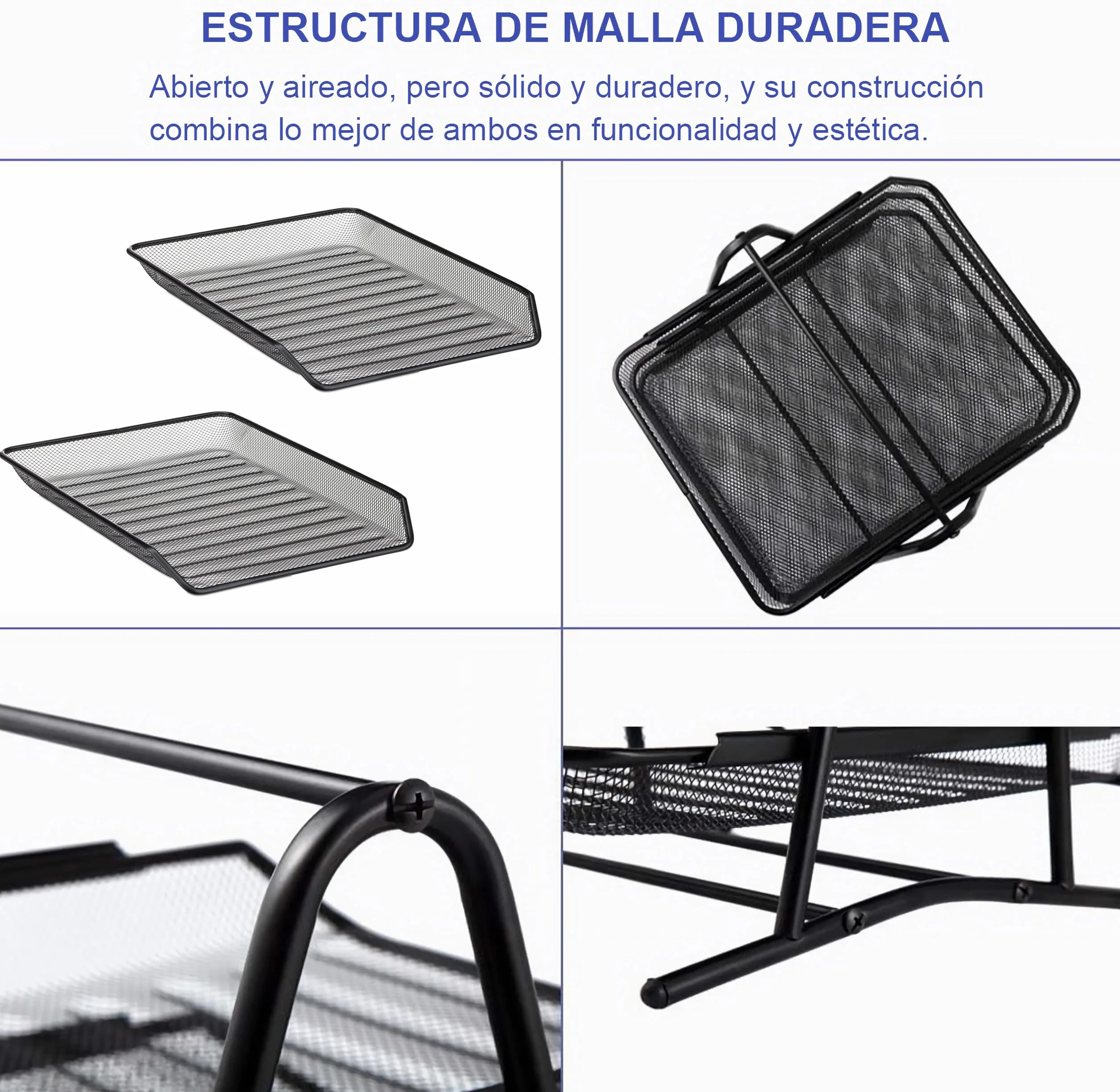 Organizador de Escritorio Malla Metálica 2 Bandejas Soporte Archivos A4 Estante Apilable 2 Niveles Negro