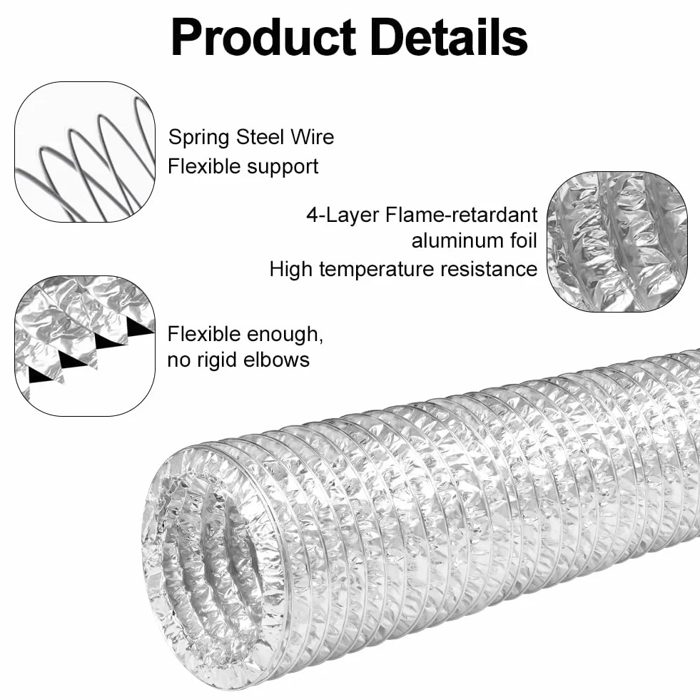 Manguera de ventilación de PVC de 100 mm,5 metros,tubo de aluminio con 2 Abrazaderas Acero Flexible di Aluminio PVC,para Kitchen,Baño,Climatización,de Ventilación Sistemas,plata