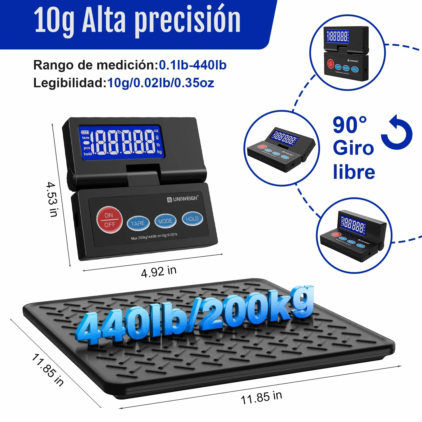 UNIWEIGH Báscula digital para paquetes 10 g precisión pantalla LCD retroiluminada plataforma acero aleado USB/batería tara Hold Auto-Off