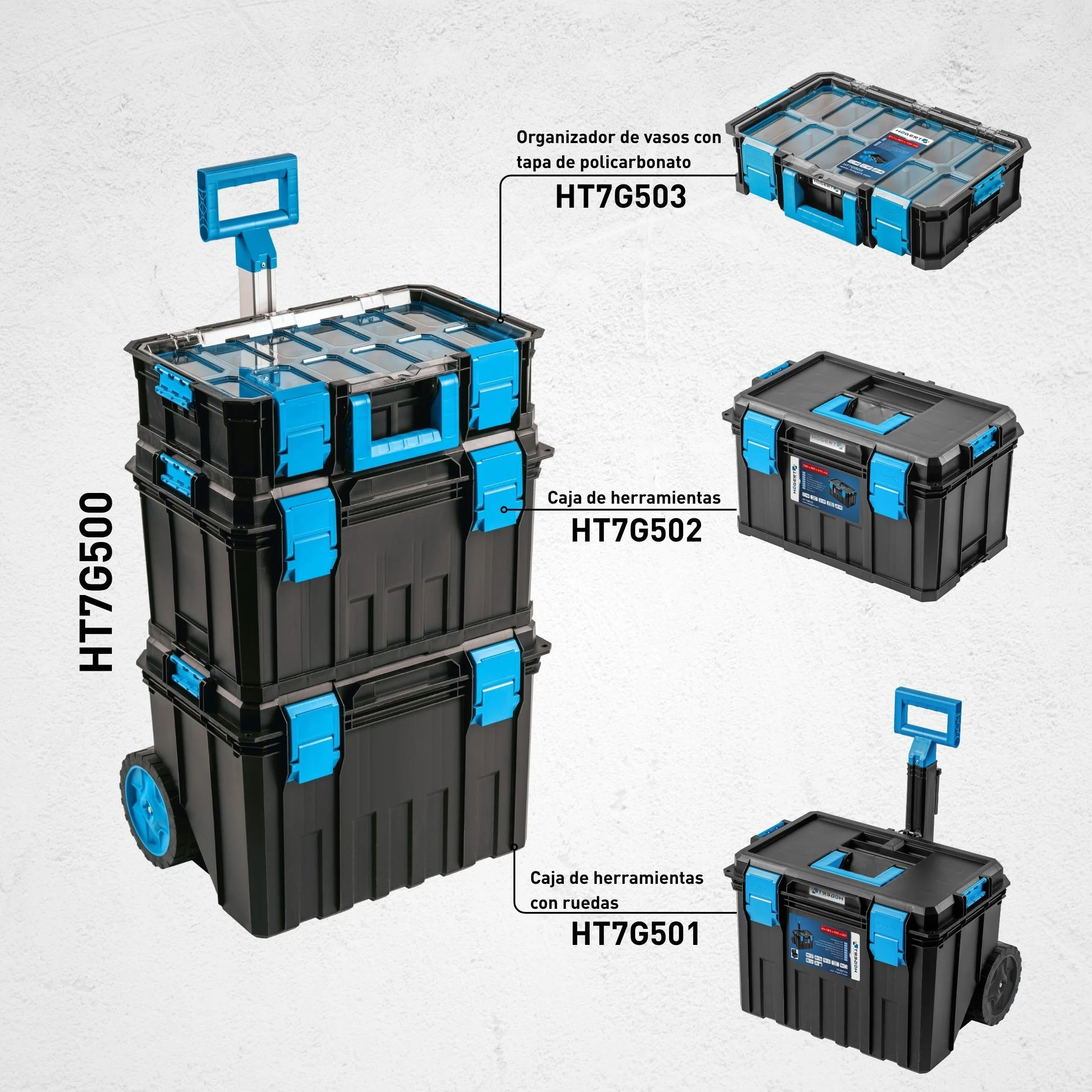 Högert Technik - Set de Cajas 4 en 1 HT7G500, Caja Herramientas con Ruedas, Resistente a Daños, Maletin Herramientas a Prueba de Polvo, Cierres Robustos de ABS, Estructura Modular