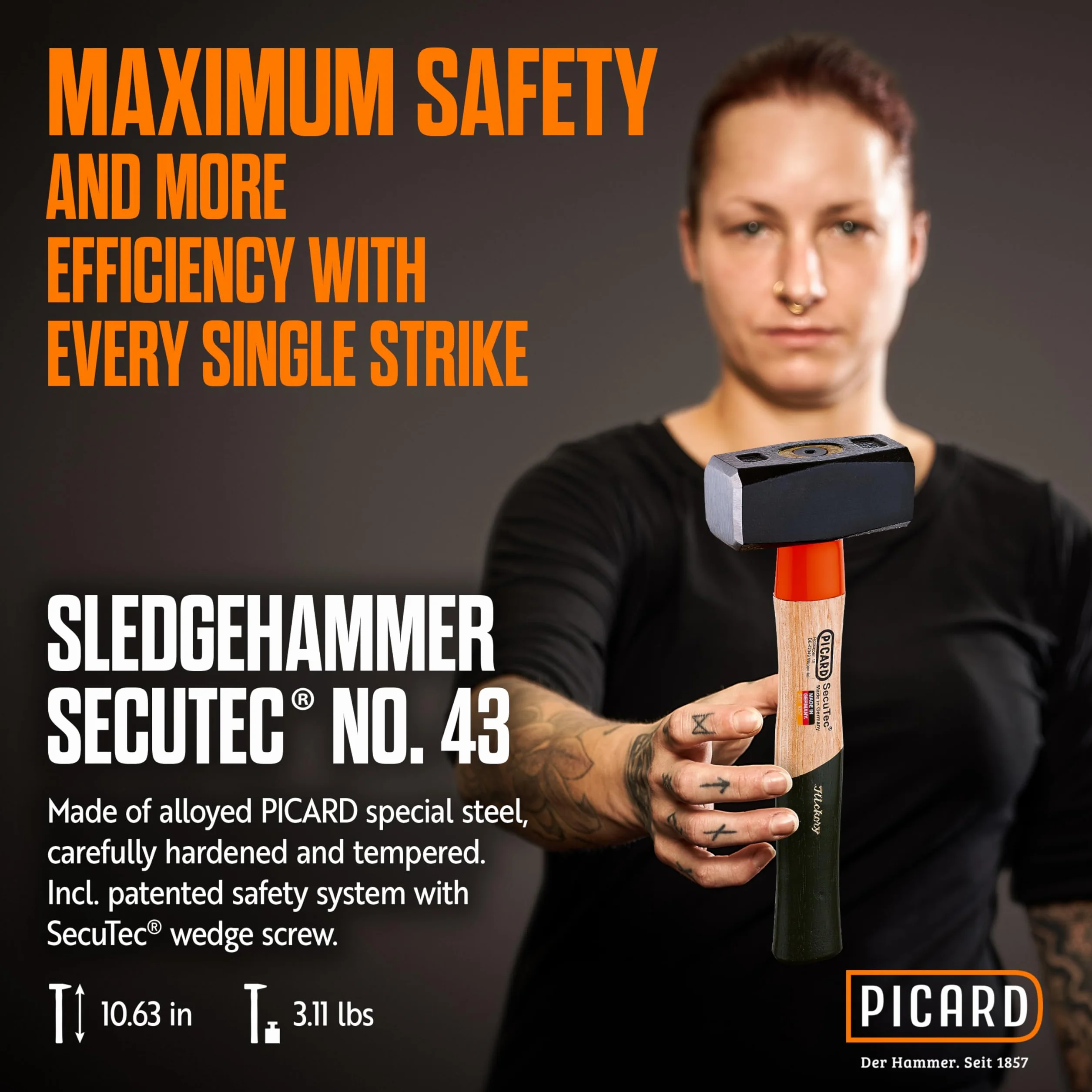 PICARD Martillo SecuTec® Nr. 43 HS 1.250 g | Martillo de seguridad profesional con sistema SecuTec® | Hammer y martelo de acero especial endurecido | Martillos para uso industrial y maceta