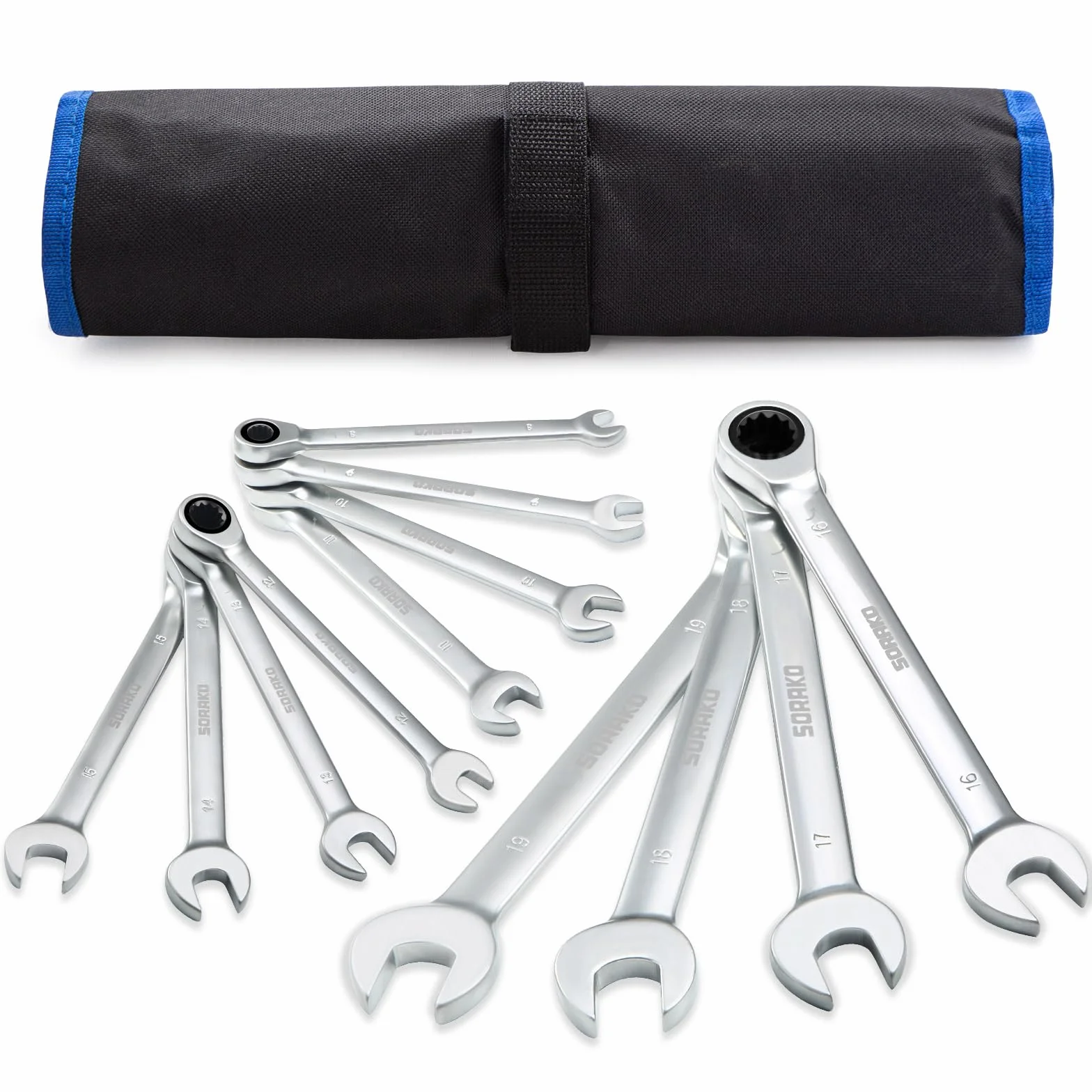 SORAKO Llaves Fijas 12Pcs, Llaves Fijas con Carraca 8-19mm con Bolsa de Almacenamiento, Juego de llaves, llaves Combinadas, Engranaje de Trinquete de 72 Dientes
